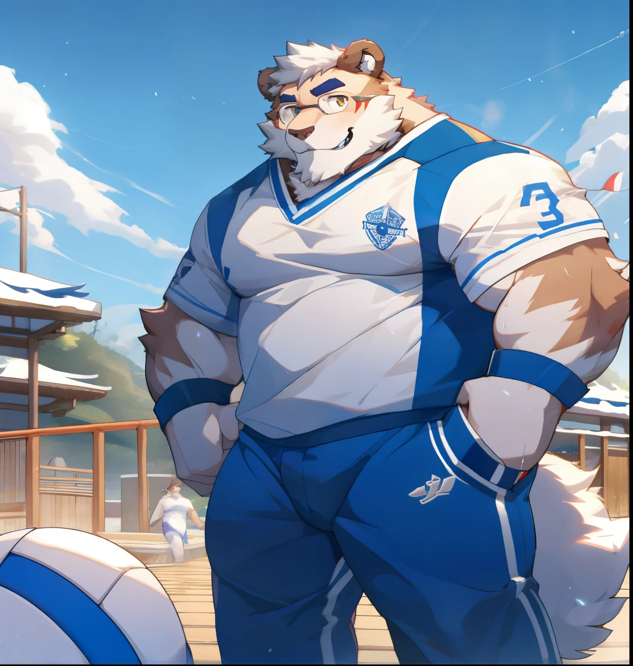 masterpiece，night，Anthropomorphic wolves，（（（white hair））），male，26 years old，thick eyebrows，Light-colored fur，Strong body，Large pecs，（（（Blue and white baseball apparel，White baseball cap，Blue and white baseball pants））），standing on the playground，adjust hat，Sunlight，Legs sweat，Smile，Face turned red，looking towards the viewer，Reach out and invite the person to come to you，golden pupils，big eyes，Strong，By the hot spring，Full body image，The sky is clear，Xiangyun，football field，viewing platform，rich background，（（（Detailed character description））），