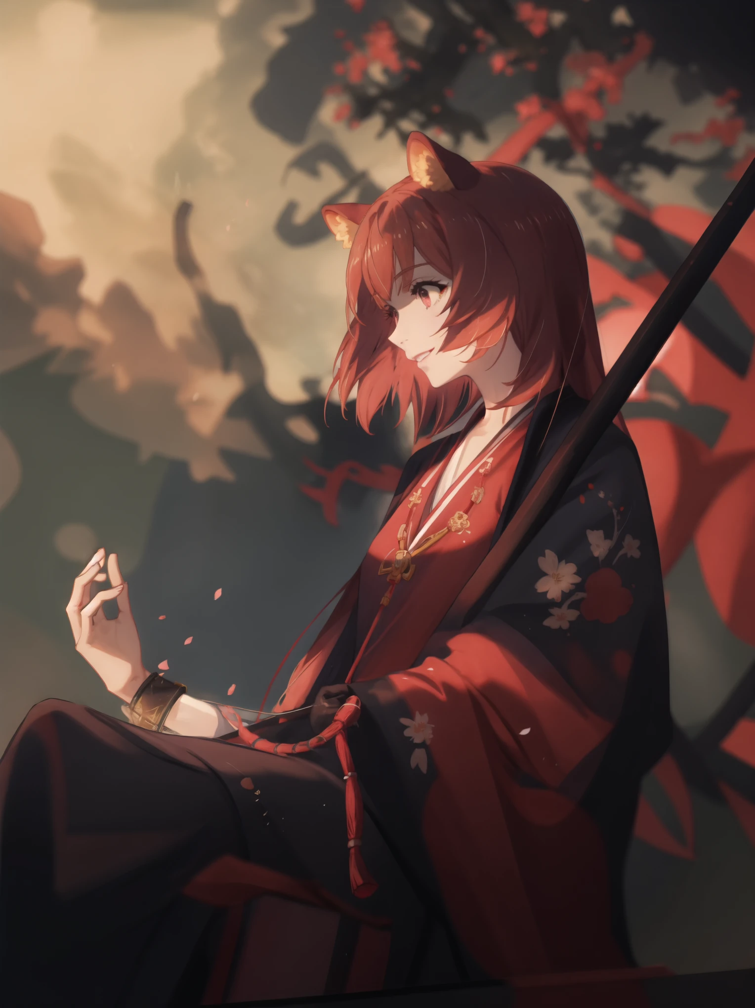 (best quality, highres, masterpiece:1.2), cinematic lighting, dramatic angle, 1girl, animal ears, hair ornament, orange eyes, orange hair, long hair, smile, parted lips, looking at viewer, cowboy shot, Japanese clothes, TREE, Blossom, ray tracing, Miko, Miko dress, Miko uniform