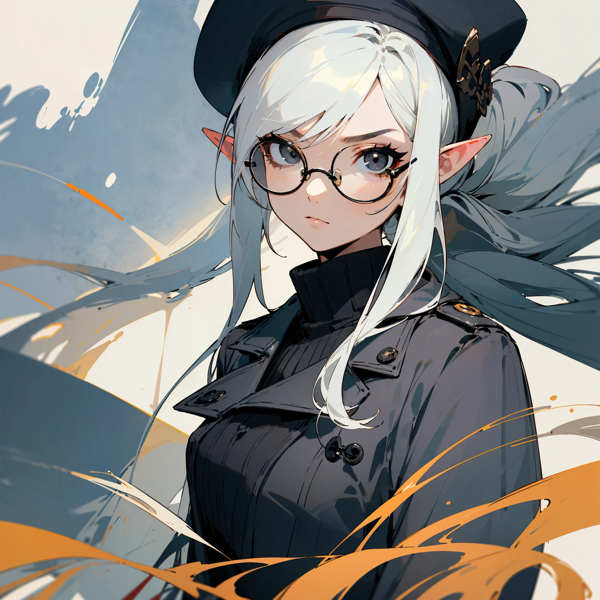 (Masterpiece, Top Quality, Best Quality, Official Art, Beauty and Aesthetics: 1.2), (Flat Color: 1.3), Very Detailed, Detailed Face and Eyes, Cinematic Light, SFW, Anime, Depth of Field, 1 Girl, Serious Face, Solo, Official, White Hair, Elf Ears, Twintails, Black Eyes, Black Eye Shadow, Medium Tits, Black Trenchcoat, Black Beret, Black Round Glasses, Black Turtleneck
