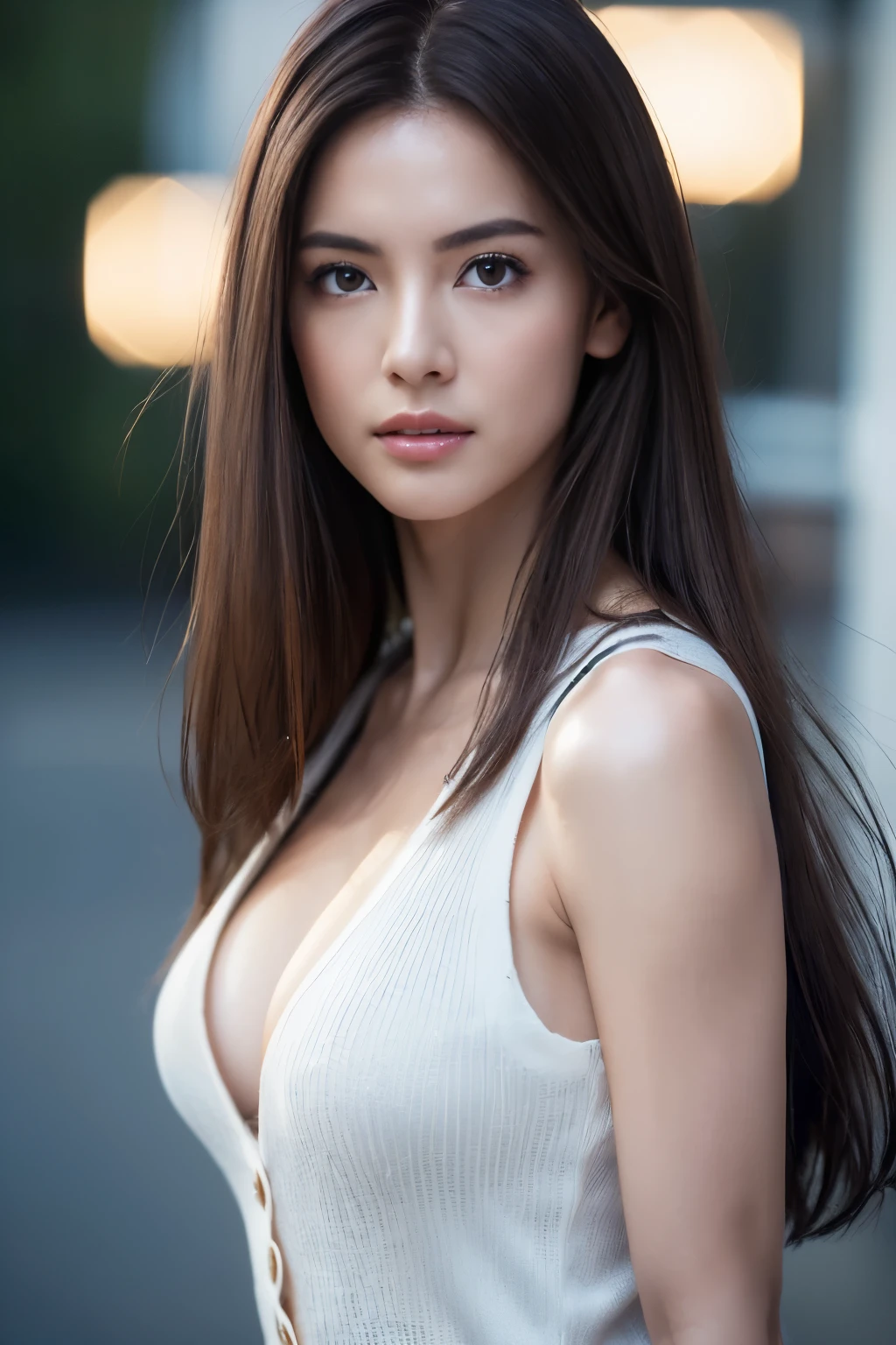 ((Realistic lighting、top-quality、8K、tmasterpiece:1.3))、Clear focus:1.2、Girl vs、perfect figure beautiful woman:1.4、Slim abs:1.1、((Dark brown hair、Big:1.3))、(Acceleration:1.4)、street、Tall、Slender face、Narrow eyes、double eyelid、Swaying hair、Exposed cleavage、Gilet blanc