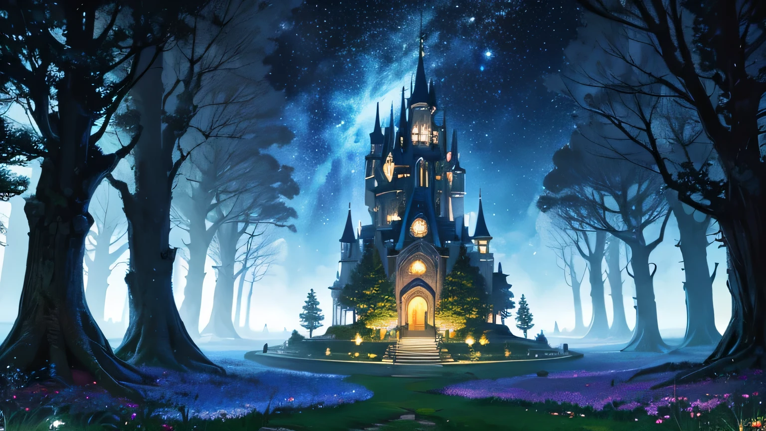 masterpiece, 8k, starry sky, many stars, night view, european castle, picture of a tree with a bridge,  magic tree, magic highly detailed fantasy, Made of trees and a fantastic valley, highly detailed fantasy, fantasy tree, magical world. colorful, detailed dreamscape, cosmic tree of life, fantasy magic plants, magical landscape, magical fantasy forest, Beautifully detailed fantasy, enchanted magical fantasy forest