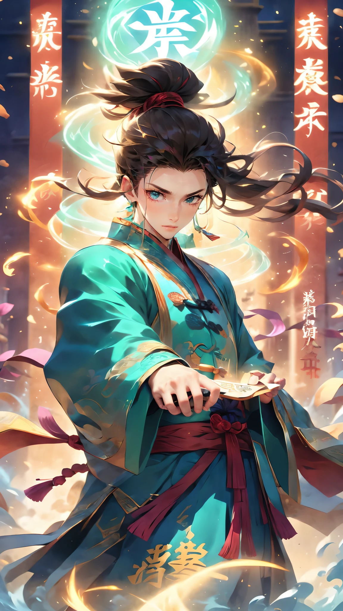 (masterpiece, best quality:1.2),Wen Dao Sheng Zun, black hair,1boy,Multi energy text,Energy pairing,Glowing Text,Transparent text,The Energy Behind Chinese Characters,A golden energy text circle surrounding the hands, blue eyes, chinese clothes,smoke, dated,Multiple light spots,Blue Hanfu,Upper body,Golden flame,Red belt,Combat posture,dawn, long hair, long sleeves, looking at viewer, magic, male focus,High ponytail, pyrokinesis, solo, standing, wide sleeves,Bundled hair,wind