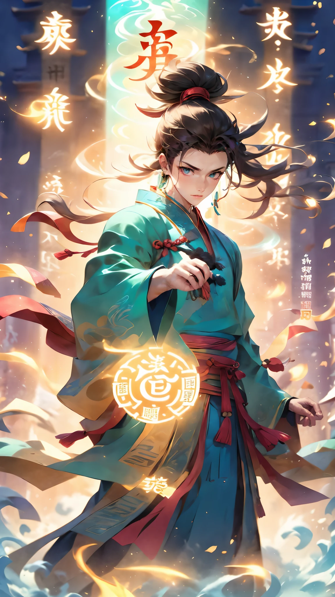 (masterpiece, best quality:1.2),Wen Dao Sheng Zun, black hair,1boy, blue eyes,Energy pairing, chinese clothes,smoke, gradient sky,Multiple light spots,Golden flame,dawn,The couplet behind it,Red Theme,Red Hanfu,Foreground white cloud and mist,Upper body,Handheld bamboo book slips, holding, long sleeves, looking at viewer, magic, male focus, orange background, orange theme, pyrokinesis, smoke, solo, standing, twilight, wide sleeves,Bundled hair,wind