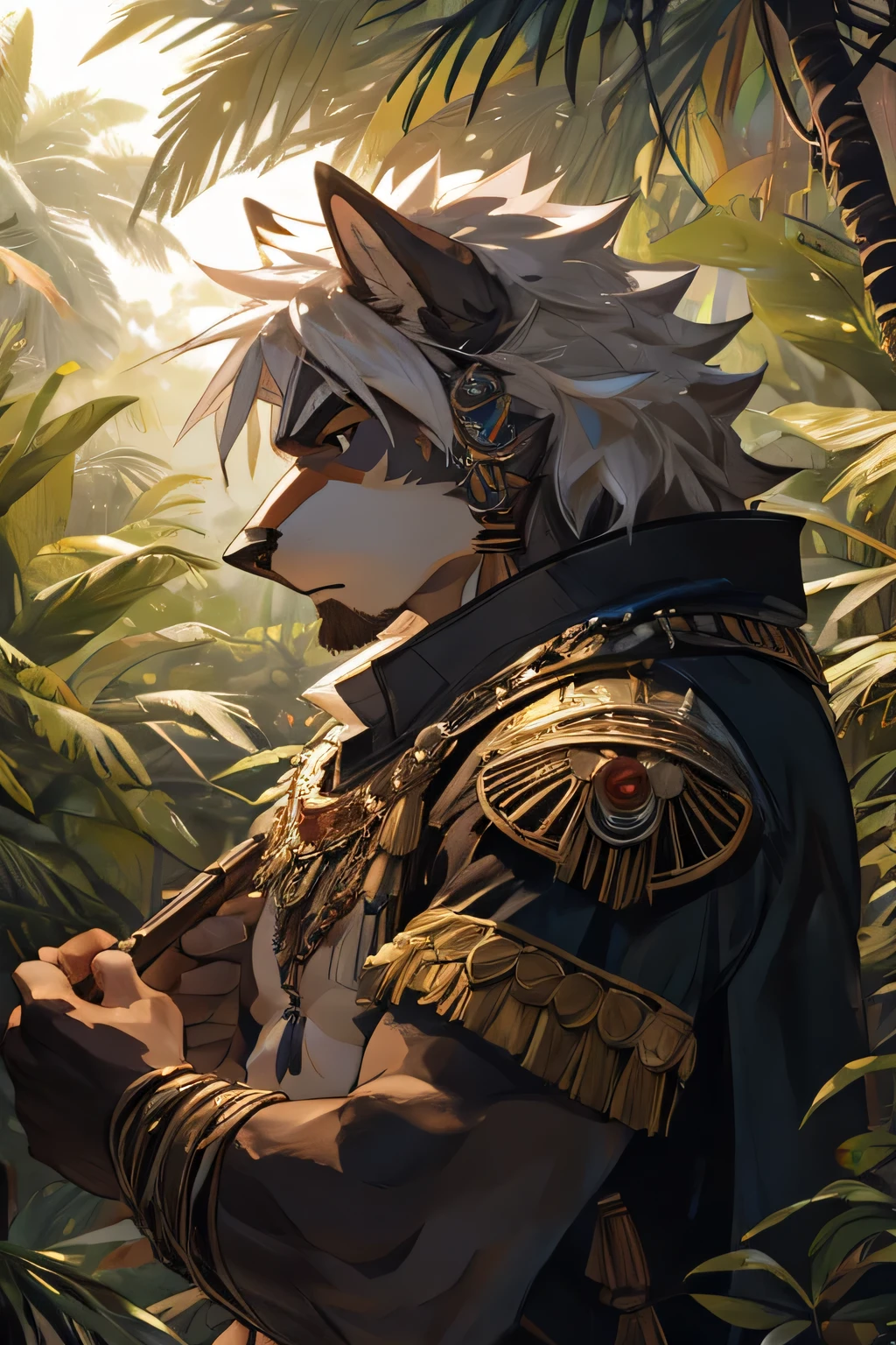 male, ((white hair)), hairy，white wolf muscle, armor, jungle，tribe, watercolor，concept art，tropical，Sunlight直射，natural lighting，Sunlight，whole body，vague，moody，black eyes，only one person,Quality management renderings，High purity shades，high detail，high quality，Strong body，face close-up
