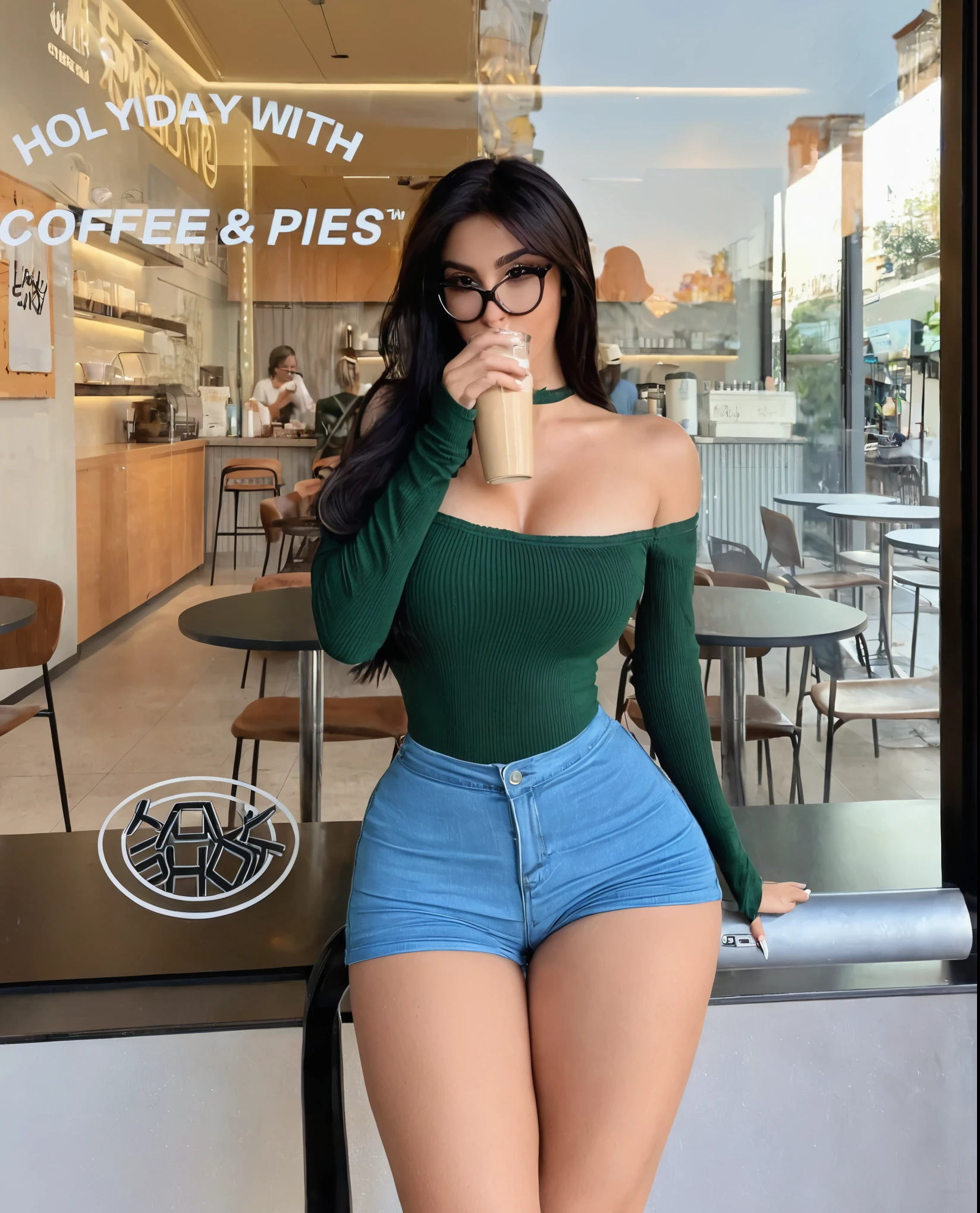 Araffe woman wearing a green top and blue shorts having a coffee., cintura delgada y caderas gruesas, usando ropa sencilla y ajustada, traje ajustado, cara bonita con brazos y piernas, buenas caderas y piernas largas, grueso, Cuerpo perfecto and face, chica sexy con pantalones cortos, modelo de instagram, estilo atractivo, linda jovencita de cuerpo completo, en una cafeteria, Cuerpo perfecto