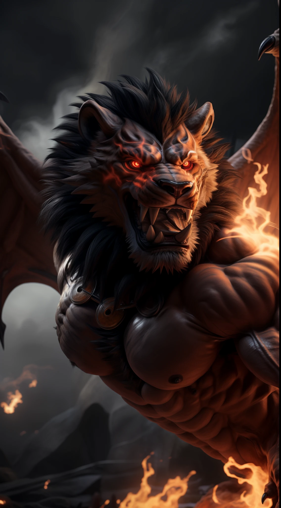 A monstrous lion with black hair and fiery red eyes prevails in this image. With the addition of wings, this mythical beast radiates an aura of raw power and menace. The lion's muscular body is meticulously detailed, every fiber of its black mane and every feather on its wings being intricately rendered. The lion's expressive face is contorted, revealing its sharp teeth and intense gaze, creating an unnerving sensation for the viewer. The scene is dimly lit, casting long shadows that accentuate the lion's monstrous form. This vivid and detailed masterpiece, created by the renowned artist "FurryDragon," showcases perfect