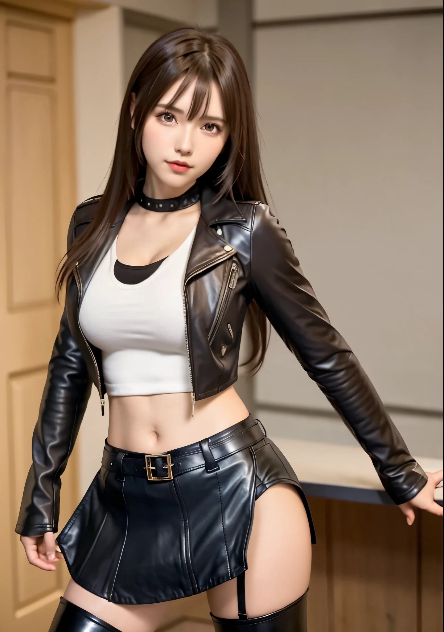 1 girl,Leather jacket,Sequin mini skirt,upper body,big breast,lens flare glow,Dynamic lens,bottom view