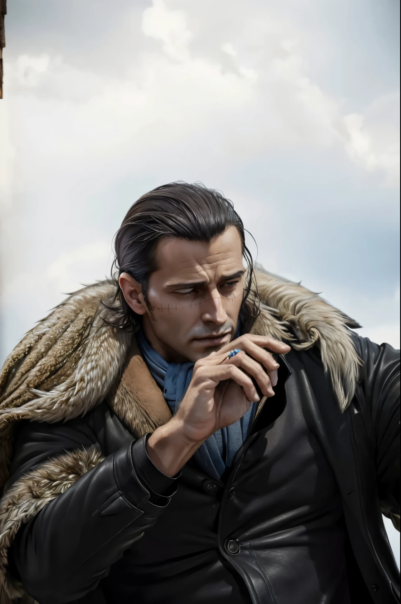masterpiece, best quality, extremely detailed, hyperrealistic, photorealistic, a cool 40s man, ultra detailed face:1.1, fur-trimmed coat, scarf around the neck, reaching out a hand towards the viewer:1.3