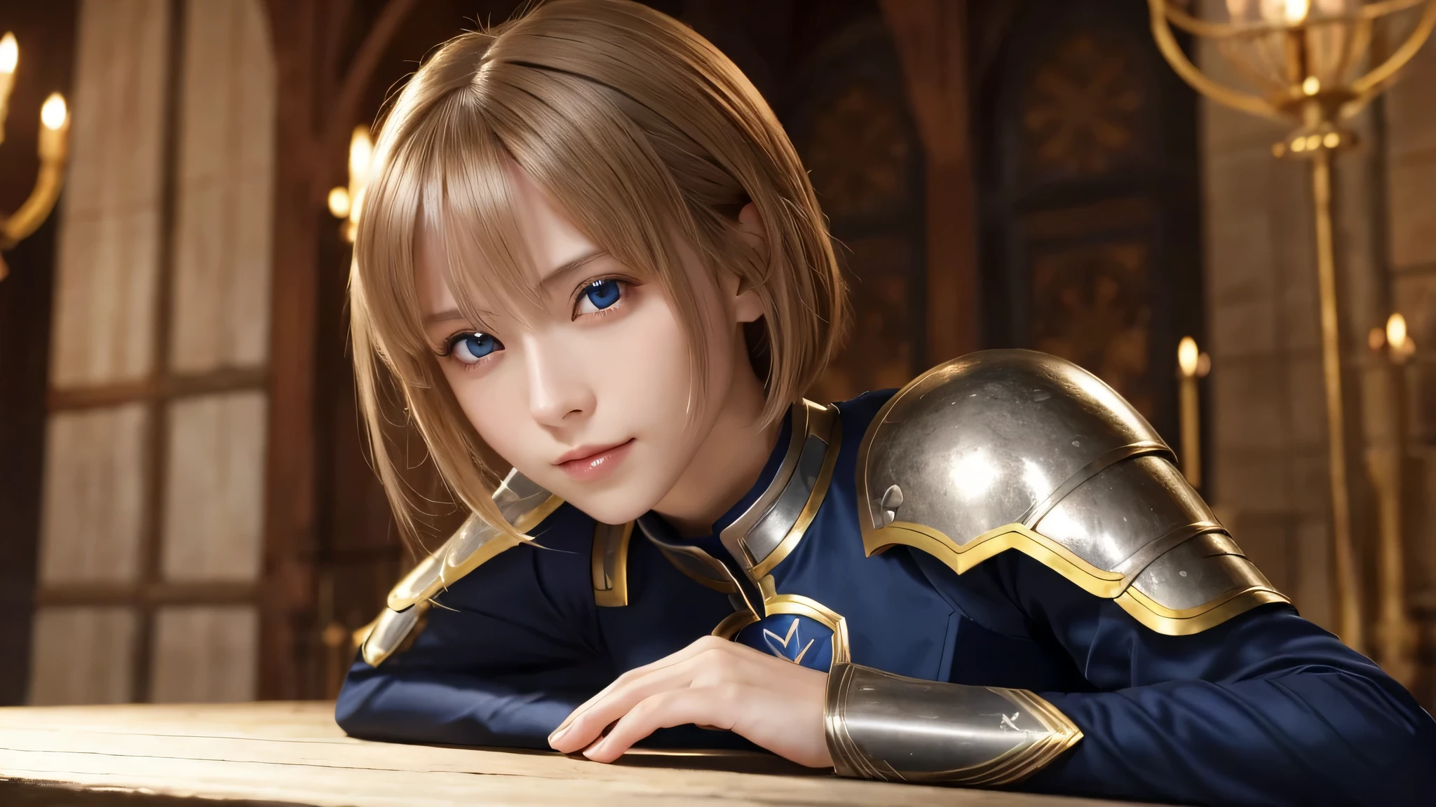 Artoria Pendragon(to know),masterpiece、highest quality、High resolution、table top、wallpaper、realistic、bright lighting、professional lighting、face light、smooth lighting、japanese woman、adult、Beautiful woman、action、gravure、sexy、poor、super beautiful、beautiful skin、beautiful and detailed eyes、detailed face、slim、moderately、short hair、brunette colored hair、brown eyes、look at the camera、destiny/stay night, to know, middle ages,silver armor, blue eyes, golden long hair, strong will, hole々posture, elegant smile, noble atmosphere
