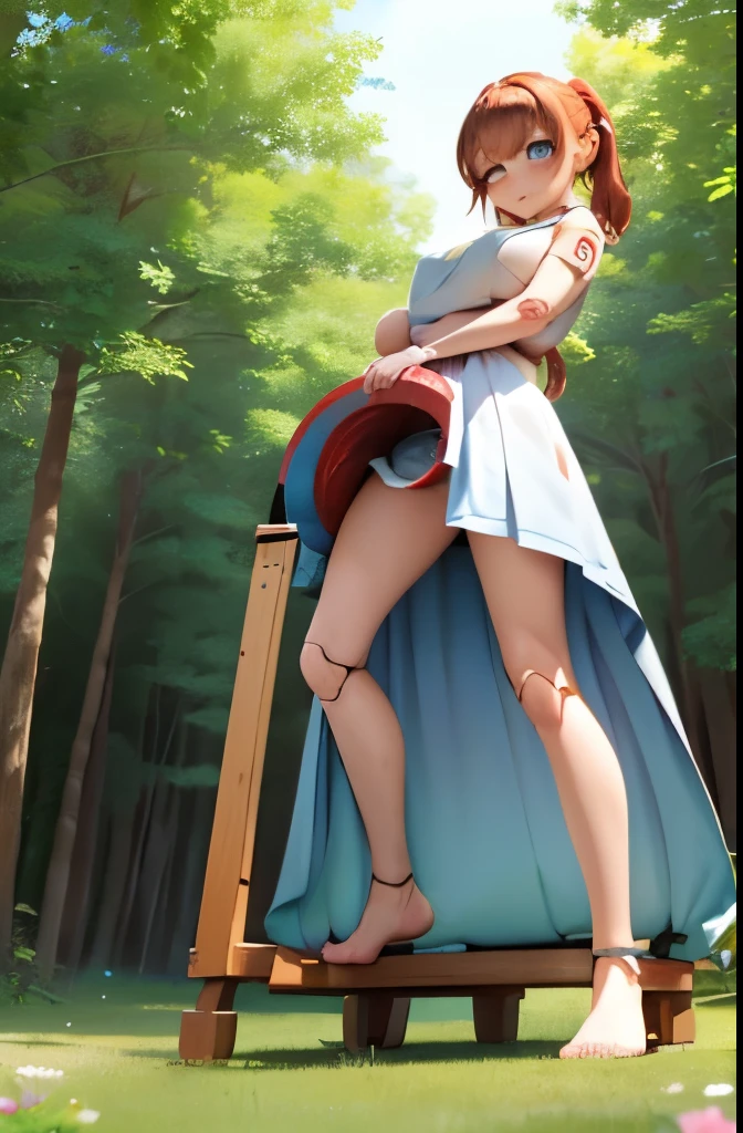 A Female robot is sleeping in forest, spread legs, nude, banzai pose. she wears no dress. She Brown short hair is tied with two big red clothespins, She lifts up the under hem of her white plain dress, leaning over, masterpiece, very short pigtails,brown hair, mature, android, blue eyes, full body figure, Height: 160cm, flushed cheeks, 2020s anime picture, A beautiful robot with short brown hair in two short pigtails held up by two very large huge red clothespins, Uplifting, No NSFW, whole body, barefoot, archaic smile, getting orgasm, 25 years old, sweat bucket, in Obstetrics.