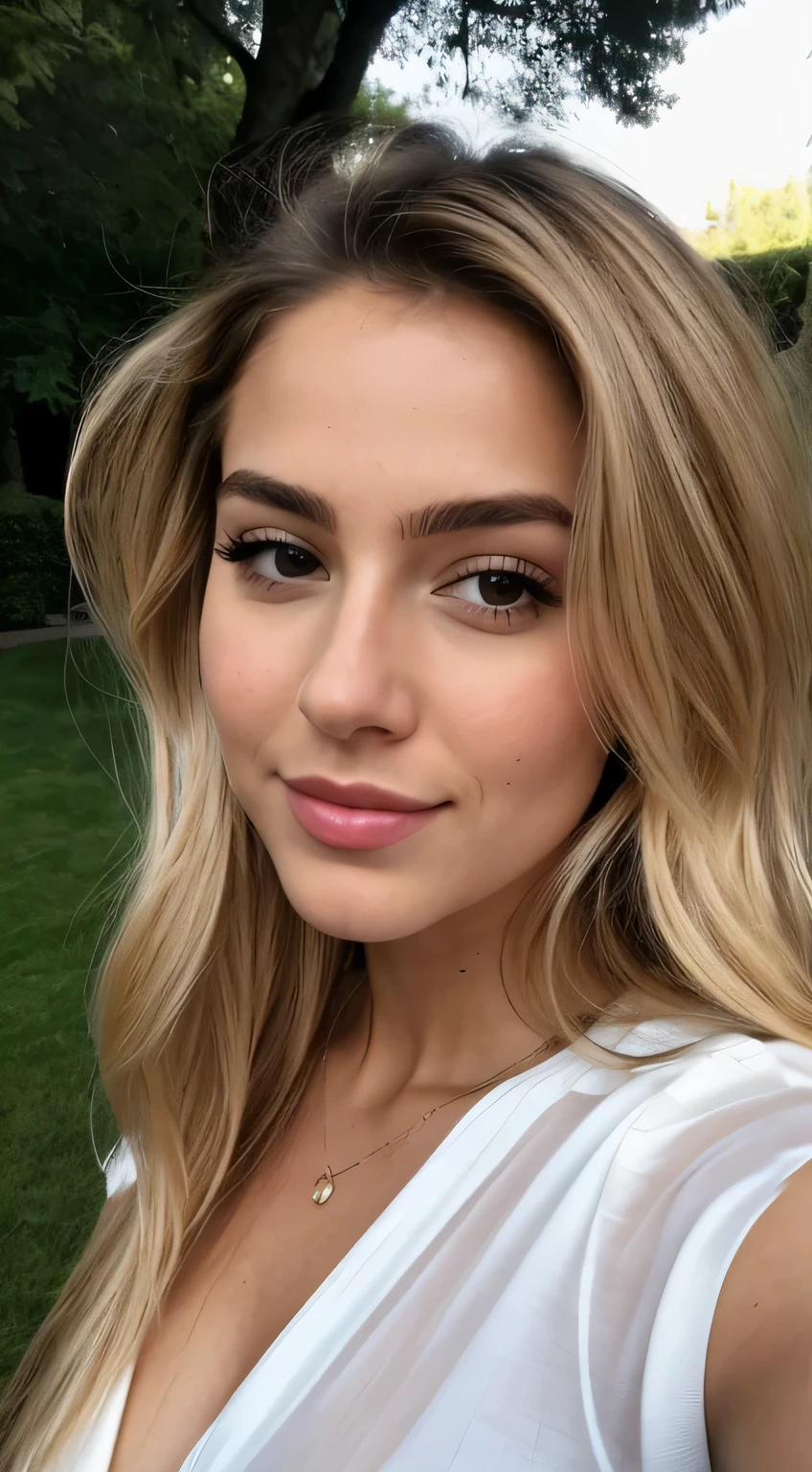 A 23-year-old blonde woman, ((pechos grandes)), ((hiperrealismo)) ,. blonde hair with light brown roots. cabello rubio, Hair with brown roots, cabello extra largo, cabello muy largo, really long hair, Beautiful, Front view, selfie, photo taken with iPhone, elegant black shirt with escote, escotada, selfie in the garden, high quality, selfie iPhone, cleavage