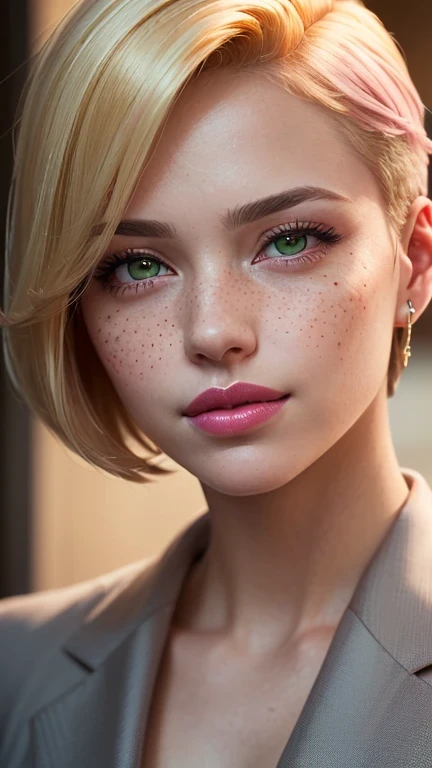 ((best quality: 1.5)) ((masterpiece: 0.8)), intricate details, sharp focus, professional, real life, realistic representation of the face, dim volumetric lighting, dynamic pose, in the style of realistic and hyper detailed renderings BREAK ((((detailed woman, ((natural, business suit, modest, portrait, pink lips, chin up, playful, smirking, muscular))), golden hour, ((short undercut hair, [ginger:blonde hair:0.2]), [flat chest:medium breasts:0.8], (barbie))), freckles: 0.6, green eyes)), photorealistic, hyper-realistic, 8K
