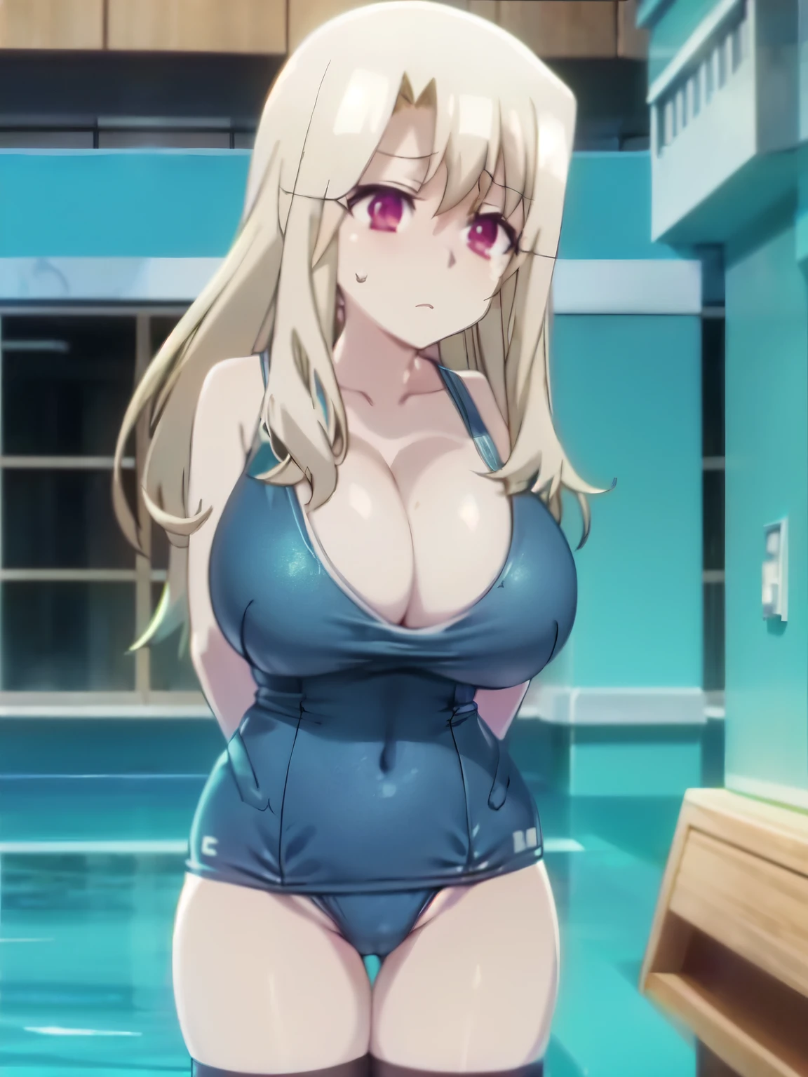 (one-piece swimsuit, old school swimsuit:1.4), aaillya,long_hair,blonde_hair,red_eyes,hair_between_eyes,bangs,white_hair, 1girl, solo, 9 , from above, short stature, Short arms, Short legs, perfect anatomy, (gigantic breasts, huge tits:1.4), thighhighs, pussy line, looking up, shy, bashful, bed, absurdres, (anime colored, official art, anime screencap), masterpiece, best quality,