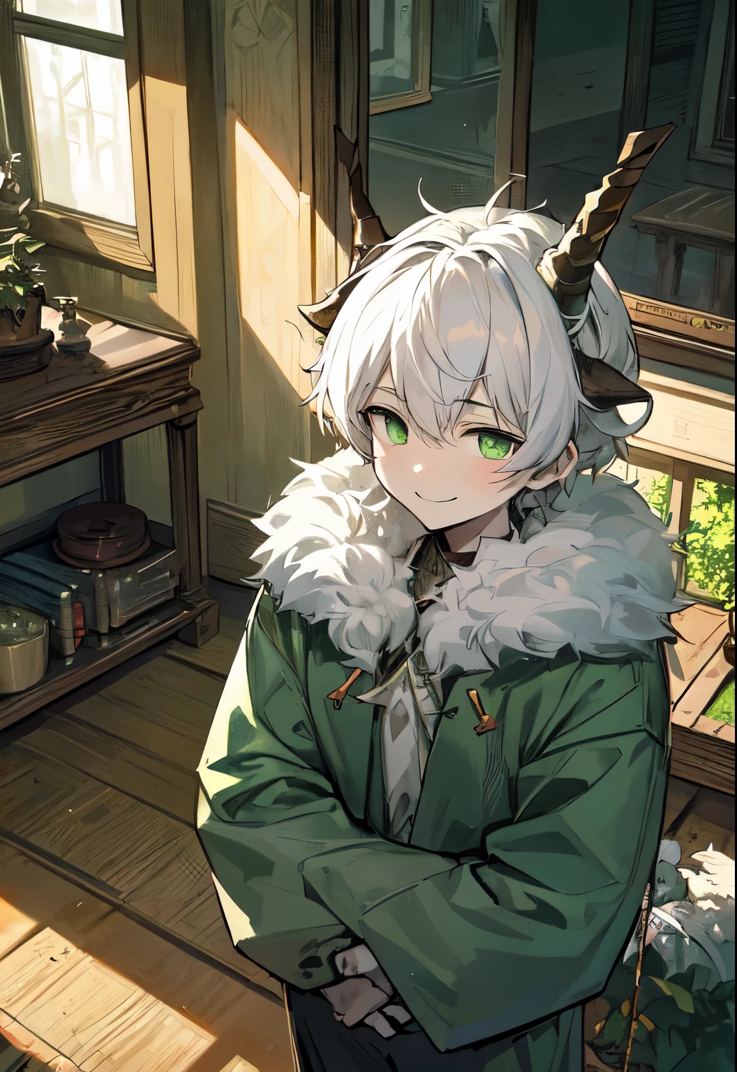 boy、goat figure、beastman、White goat、Calm、front、smile、goat horns、Inside the forest house、short hair、green eyes、green eyes、anime、youth、The figure of the beast、white hair、adult character