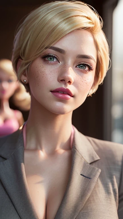 ((best quality: 1.5)) ((masterpiece: 0.8)), intricate details, sharp focus, professional, real life, realistic representation of the face, dim volumetric lighting, dynamic pose, in the style of realistic and hyper detailed renderings BREAK ((((detailed woman, ((natural, business suit, modest, portrait, pink lips, chin up, playful, smirking, muscular))), golden hour, ((short undercut hair, [ginger:blonde hair:0.2]), [flat chest:medium breasts:0.8], (barbie))), freckles: 0.6, green eyes)), photorealistic, hyper-realistic, 8K