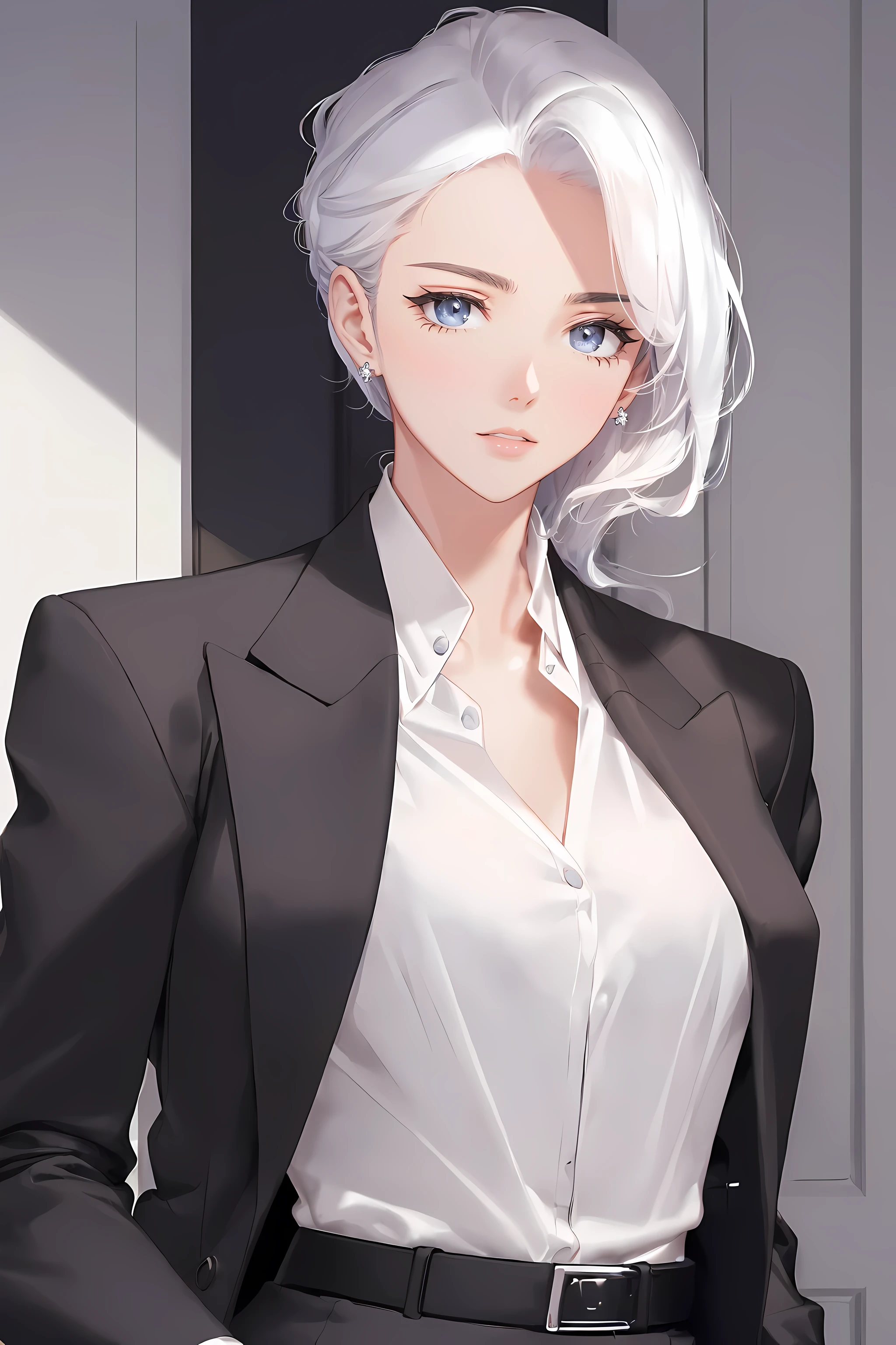 (business jacket:1.4),(a girl:1.5),Elegant photo of girl wearing suit jacket,red lips,lipstick,(perfect eyes:1.4), (White shirt:1.5), silver hair,purple eyes,smile slightly,happy,High detail skin,stunning face,long eyelashes,black eyeliner,masterpiece,best quality,(black belt:1.2),White shirt,water drop earrings business formal wear:1.2),whole body