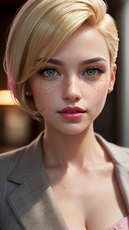 ((best quality: 1.5)) ((masterpiece: 0.8)), intricate details, sharp focus, professional, real life, realistic representation of the face, dim volumetric lighting, dynamic pose, in the style of realistic and hyper detailed renderings BREAK ((((detailed woman, ((natural, business suit, modest, portrait, pink lips, chin up, playful, smirking, muscular))), golden hour, ((short undercut hair, [ginger:blonde hair:0.2]), [flat chest:medium breasts:0.8], (barbie))), freckles: 0.6, oversized green eyes)), photorealistic, hyper-realistic, 8K