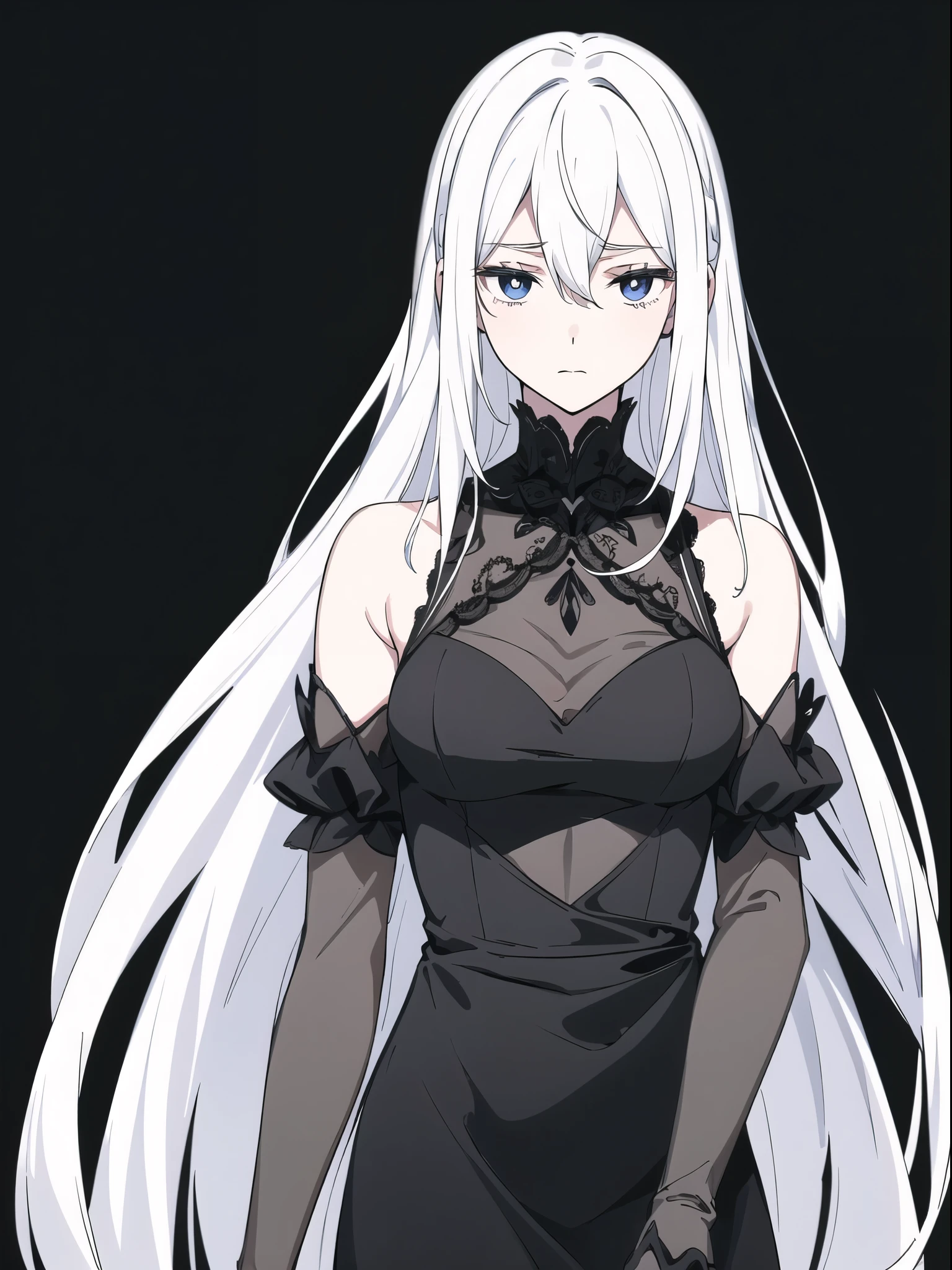 ((White hair)),((Head and Shoulders Image)),Sexy,A person,Alone,Simple style,pancake ,Simple details,Black background,Empty background,Black background wall,(20 year old woman),(Droopy hair),(White Gloves),(Evening Gown),(Lace Shirt),Lace,(confidence),(Tranquility)