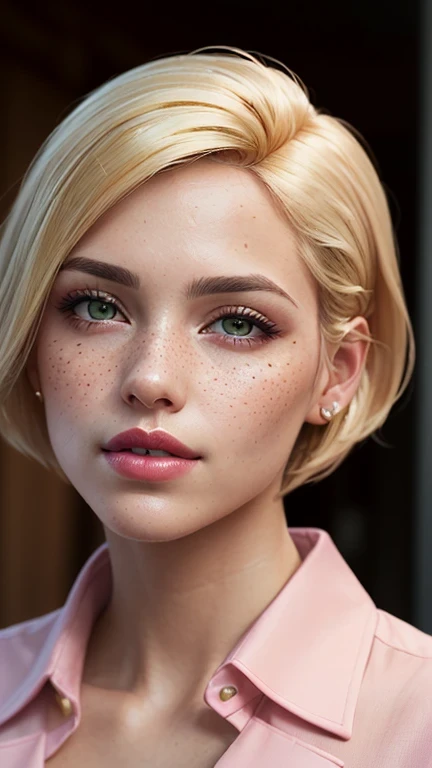 ((best quality: 1.5)) ((masterpiece: 0.8)), intricate details, sharp focus, professional, real life, realistic representation of the face, dim volumetric lighting, dynamic pose, in the style of realistic and hyper detailed renderings BREAK ((((detailed woman, ((natural, business suit, modest, portrait, pink lips, chin up, playful, smirking, muscular))), golden hour, ((short undercut hair, [ginger:blonde hair:0.2]), [flat chest:medium breasts:0.8], (barbie))), freckles: 0.6, oversized green eyes)), photorealistic, hyper-realistic, 8K