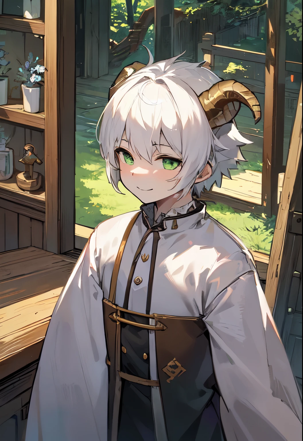 boy、goat figure、beastman、White goat、Calm、front、smile、goat horns、Inside the forest house、short hair、green eyes、green eyes、anime、youth、The figure of the beast、white hair、adult character