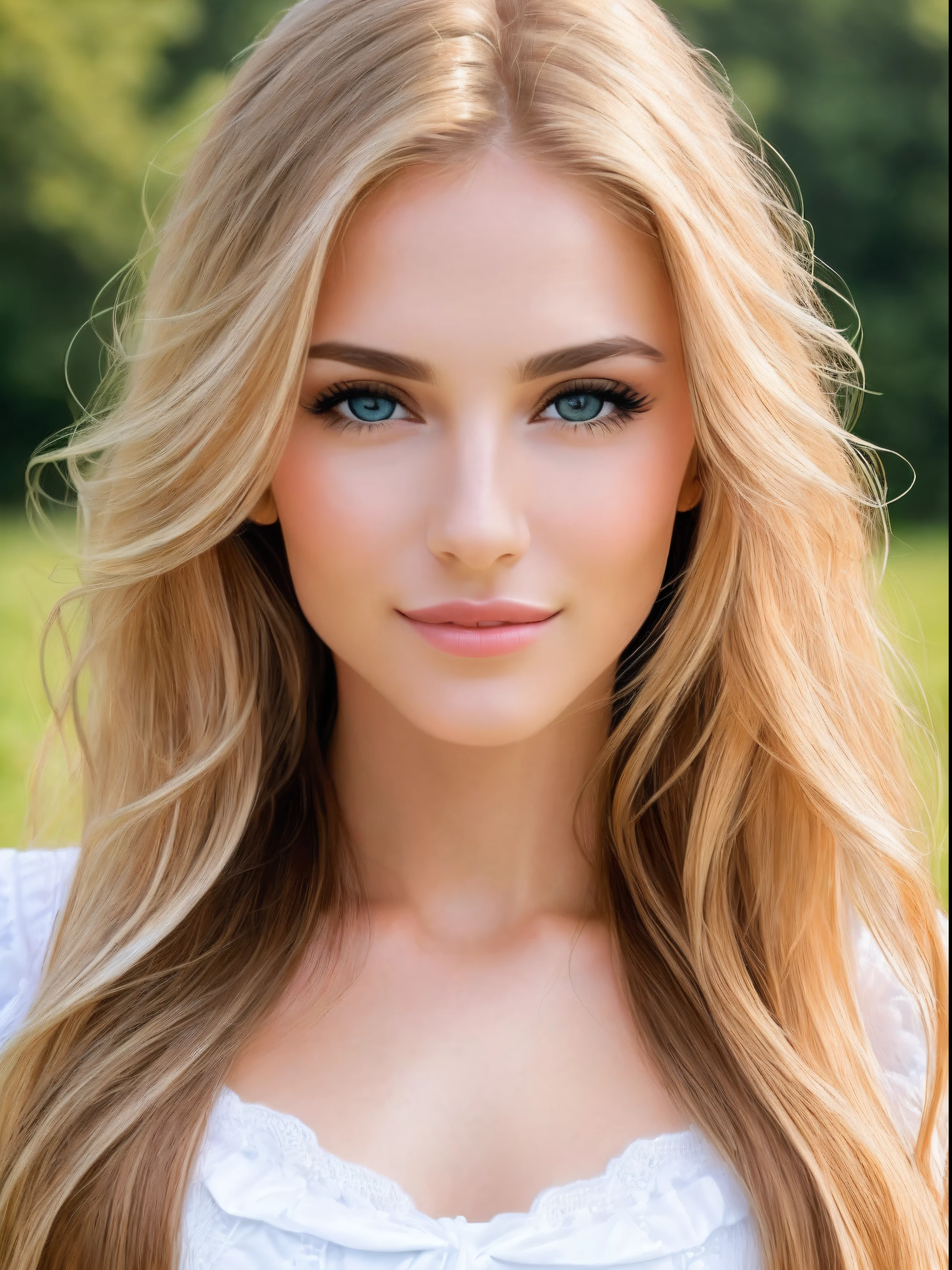 HD quality, maximum detail, macro portrait full body of the beautiful woman, field depth, perfect woman, 25 years, makeup, long hair, perfect face, pretty mouth, pretty nose, sensual woman, totally gorgeous, face with sarcastic expression, caucasian, blond hair, evil look, v-shaped shirt, realistic, details, style: Detailed photo