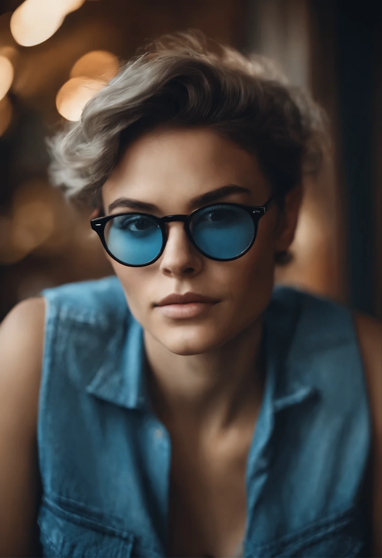 criar no estilo pixar, um homem alto e magro, pele parda, cabelos crespos, com uma camisa azul e uma.lmulher branca sorrindo, straight hair with glasses on the head