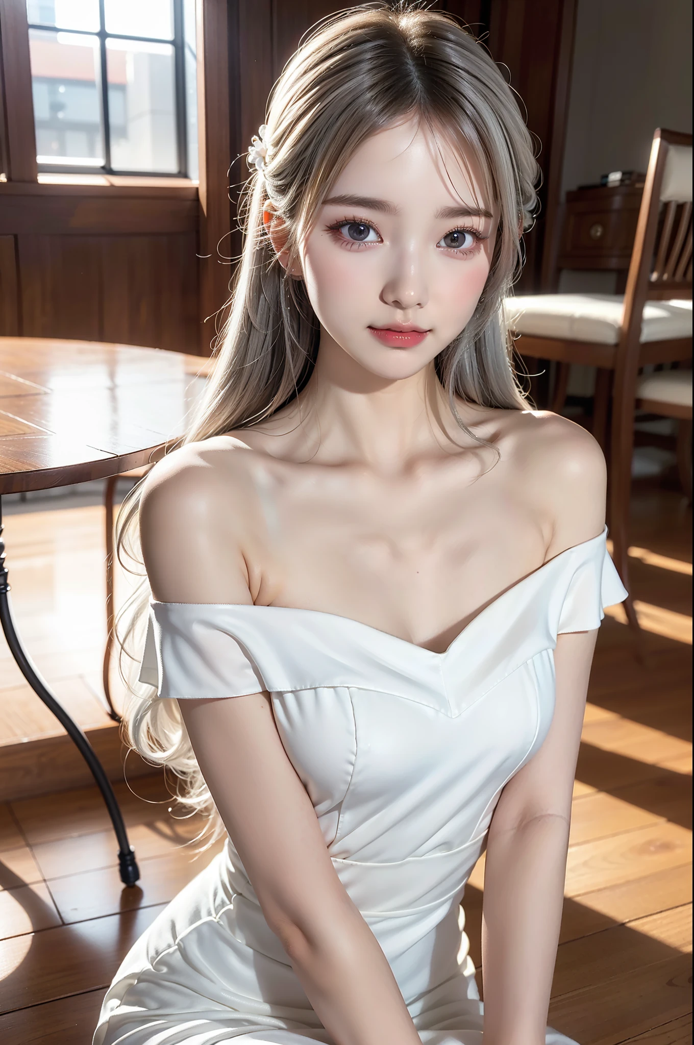 high quality work,practical work,Super premium graphics,8K HD CG作品,High quality graphics,HD CG works,10x pixels,Super fine details:1.1,Advanced technical details:1.1As real as the photo,室内灯Light effect果:1.5,Natural light:1.5. Light effect(virtual Light effect:1.8),ultra high resolution,shining赤いドレス,長いsilver hair,silver hair,transparent hair,High detail hair(Premium hair details:1.1)clear eyes,beautiful double eyelids,sharp eye makeup, Exquisite eyelash makeup, thin eyebrows, highly detailed eyes,high nose, Red lips look good, rosy cheeks, Exquisitely made-up face , cute face, Perfect facial proportions,(Advanced facial details:1.1),shining,Summer sexy hip-hugging fishtail sleeveless commuter long skirt ,stilettos,beautiful long dress,wonderfulドレス,Big red series,(Off-shoulder tight pure white dress mini skirt) 、Dress series,dress photography,Authentic clothing creations,In the banquet hall,Miss'artwork,(full body picture),dress goddess,realism,wonderful,My eyes are sparkling today, huge breasts:1.4, saggy breasts:1.4