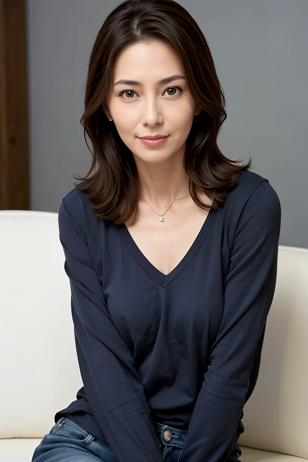 highest quality, masterpiece, photorealistic, 8K, 1 sexy woman, (sit straight facing forward), Upper body, (view audience), mature, 40 years old, V-neck thin clothes, cleavage, straight hair, lewd eyes, slut, Nasty Woman, an inviting look