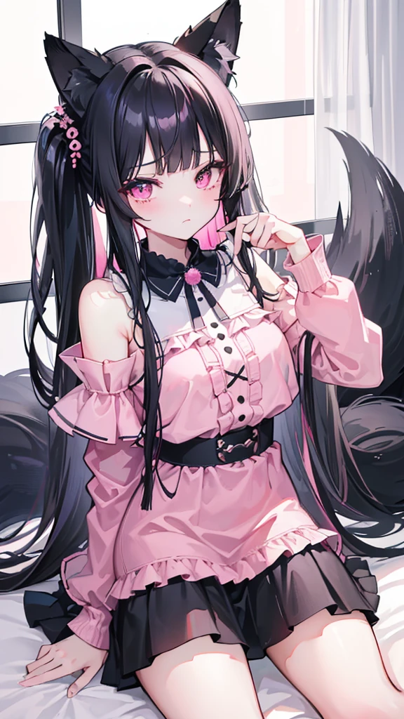 (8k、Highest image quality、best quality、masterpiece)、Detailed face、Fox ears 1 girl、black hair、long hair、Double tail、blunt bangs、pink eyes、pink clothes、decorate、((Off the shoulders))、black miniskirt、Cowboy shooting、sitting on bed