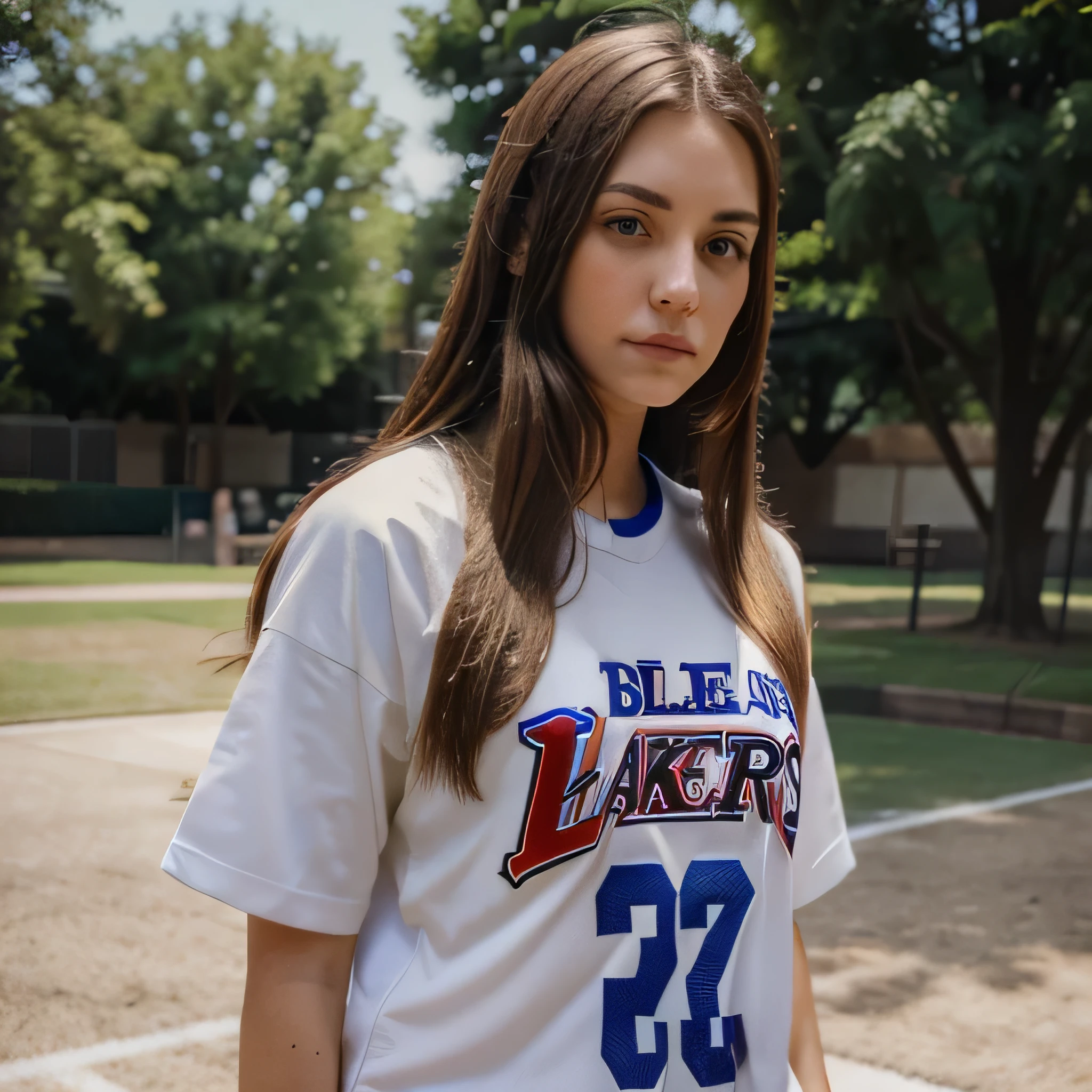 1 girl standing, wearing basket ball shirt, very detail, realistic, holding ball, 27 years old, long hair