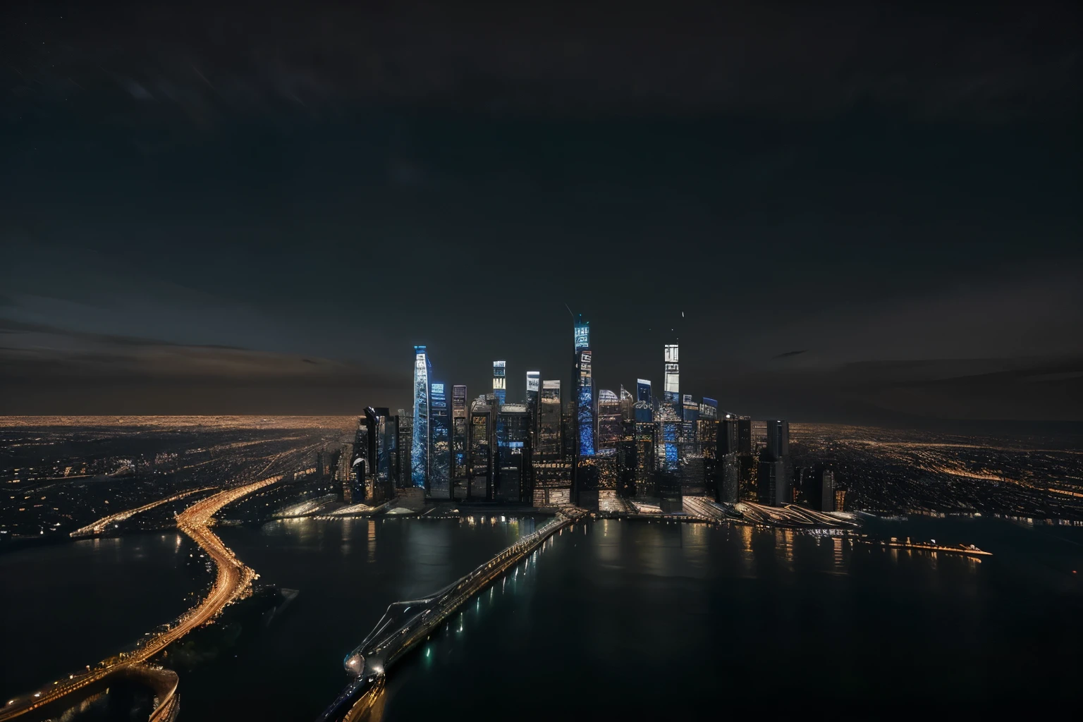 City Lights: The shimmering skyline of a city at night, with buildings illuminated like jewels against the darkness.