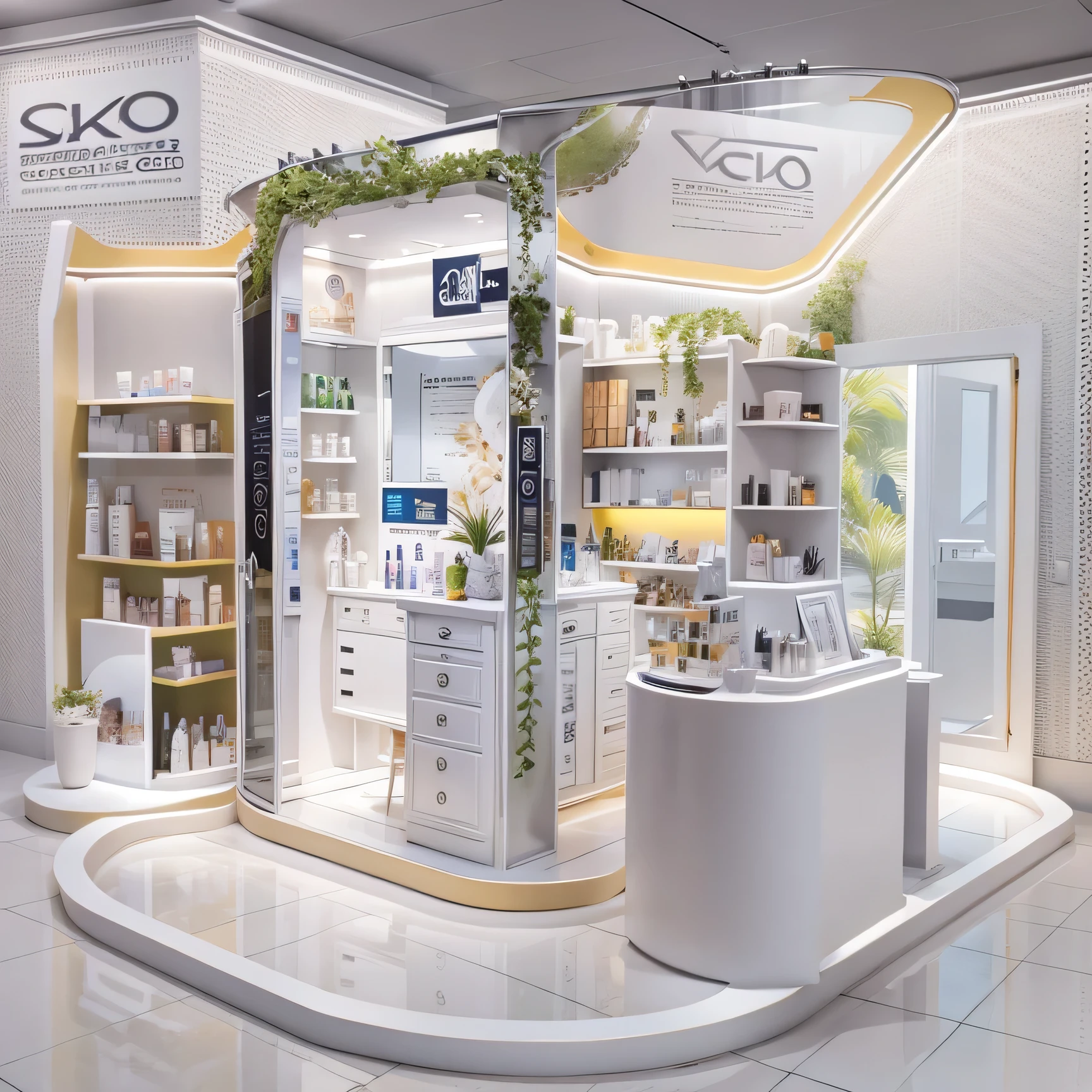 Skin care products，Cosmetics and Beauty Booth，3D modeling，In line with the aesthetics of young people，actual，full view，Suitable for commercial exhibition display