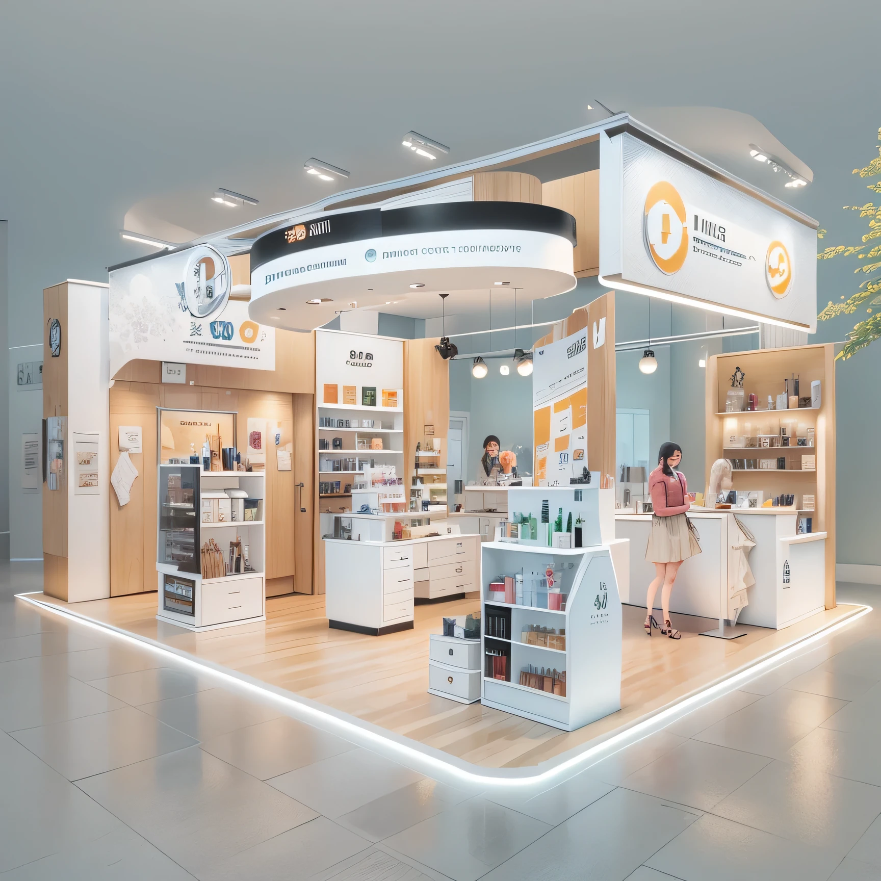 Skin care products，Cosmetics and Beauty Booth，3D modeling，In line with the aesthetics of young people，actual，full view，Suitable for commercial exhibition display