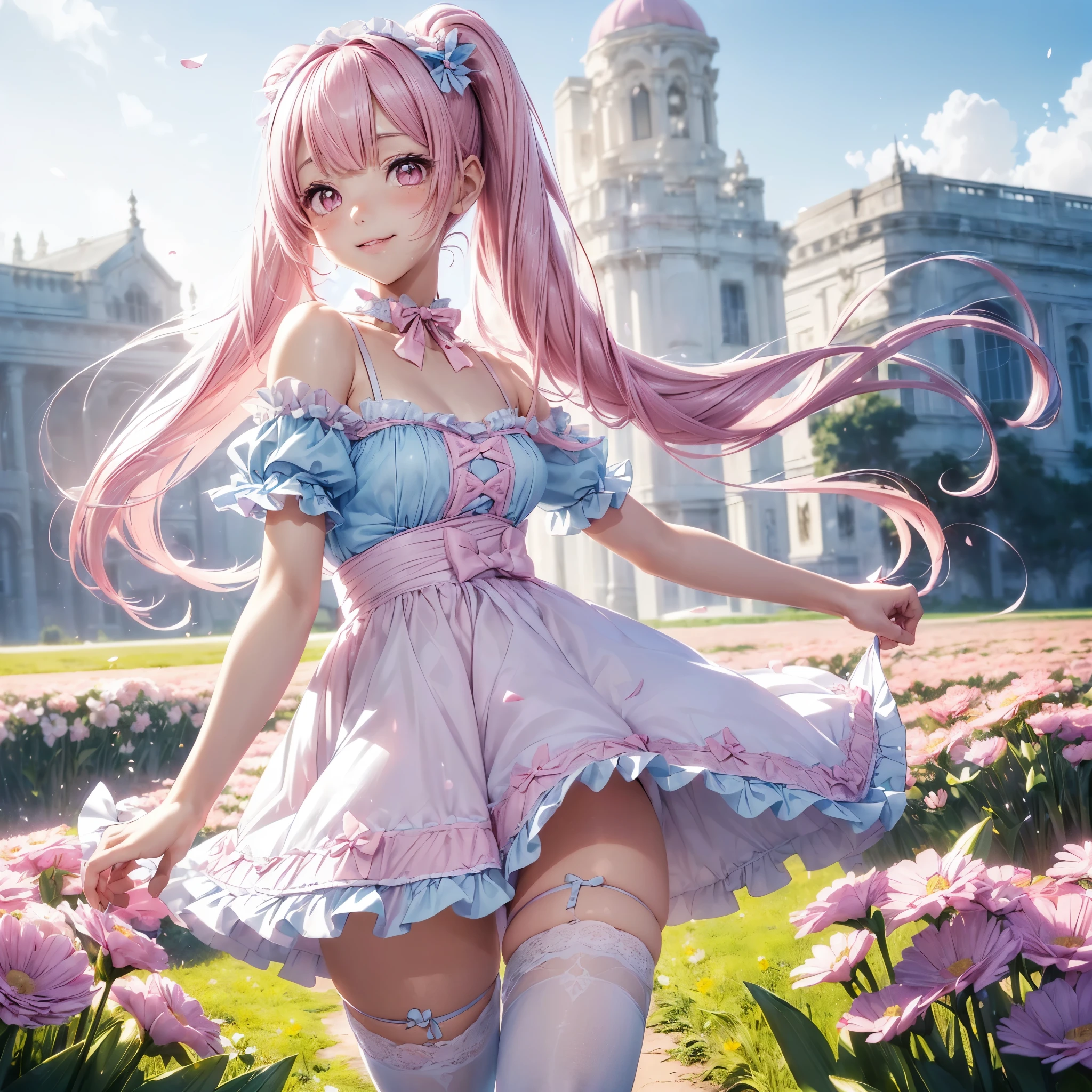 (8K, masutepiece, Highest Quality, Best Quality, Official art, Breathtaking beauty and aesthetics, A highly detailed, The best masterpiece in history that exceeds limits, Breathtaking and beautiful lighting:1.2), (1 Absolute Beautiful Girl, Solo:1.3), sixteen years old, (shiny white skin), BREAK (pink twin tail hair, Bangs:1.3), (adolable big pink eyes, drooing eyes:1.5), BREAK (Breathtaking Beautiful Sweet ****ta Idol Ensemble, sweet ****ta-style pastel blue dress, adorned with lace and ribbon details, Puffy, knee-length skirt for a playful and girly look, Decorative bows and lace trims for added frilliness:1.3), (bust:1.3), (happy smile, Beautiful smile, Gentle smile, cute smile, innocent smile like an angel:1.2), (Attractive, amazing, Beautiful, Elegant, Luxurious, magnifica, Eye-catching, the ultimate beauty, Supreme Beauty, Superlative beauty, Elegant, Beauty, Graceful, Everyone loves it, Beauty that fascinates everyone, Healed, The highest level of complete beauty, cute like an idol, Stylish like a fashion model, Goddess-like grace, Be loved, cute little, adolable, Look at the camera, cute little pose, Happy), breathtaking scenery, (full body, standing, zettai_ryouiki, thigh_gap:1.3), BREAK (looking back, dynamic angle, Breathtakingly beautiful spring flower field, colorful petals dancing for wind, blue sky:1.5),