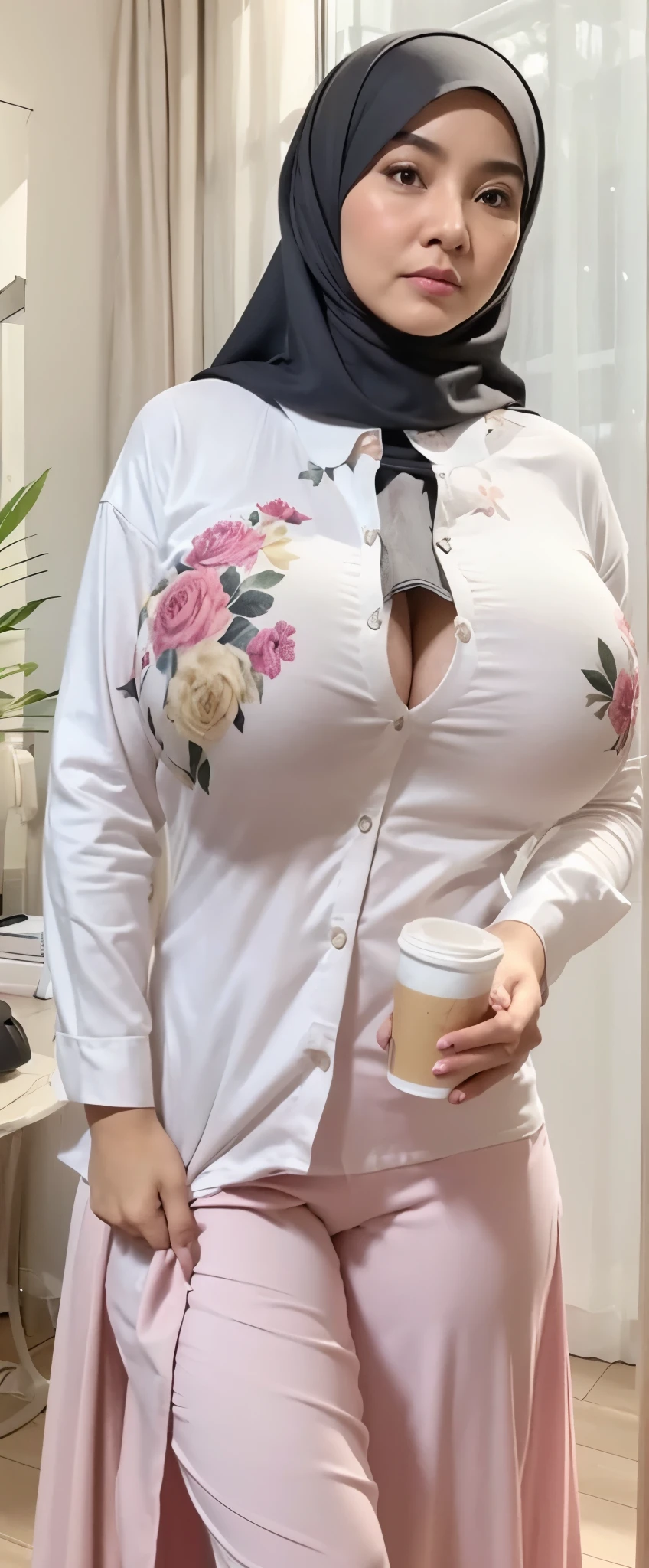 50 years Old, Hijab Indonesian mature woman, Big Tits : 66.9, Gamis, Breast out from her clothes : 1.9, at doctor office, Dark light, at Nighttime