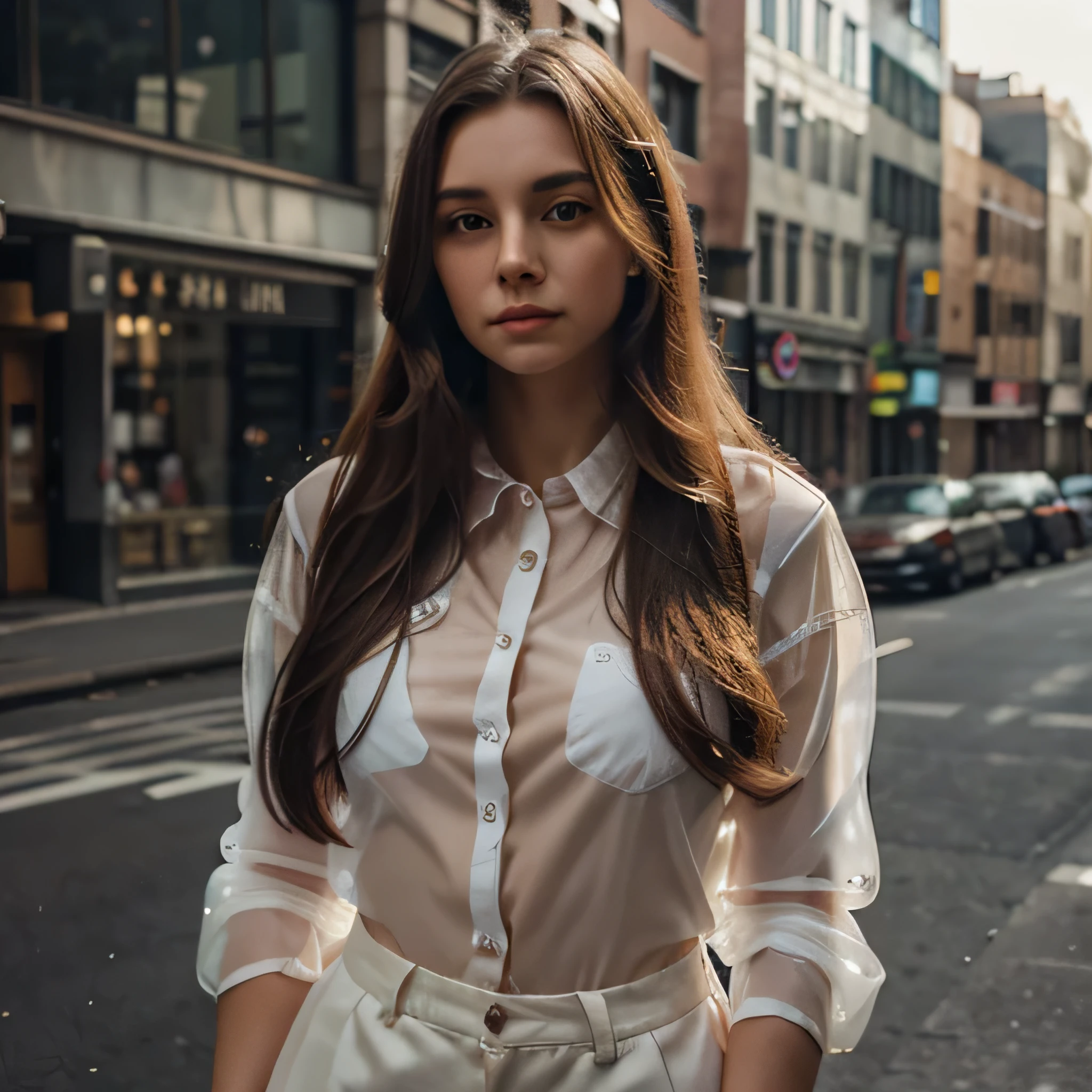 1 girl standing, wearing transparent shirt, very detail, realistic, holding ball, 20 years old, long hair, afternoon, city, beauty, amaze