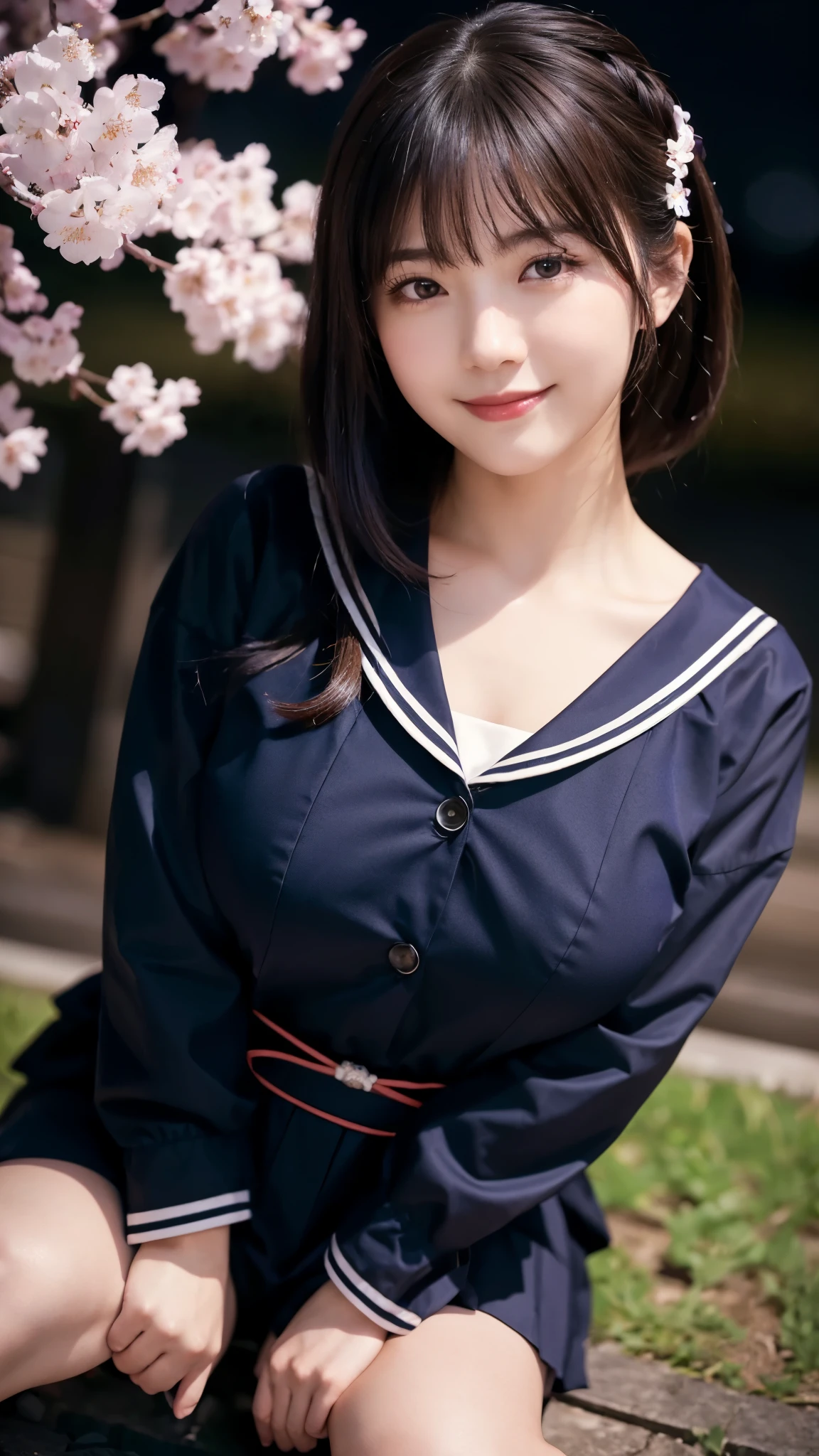 (highest quality,masterpiece:1.3,ultra high resolution),(Super detailed,caustics,8k),(photorealistic:1.4,RAW shooting),1 girl,sitting,(smile),stare at the camera,18-year-old,cute,Japanese,Black Hair Middle Hair,(sailor suit),glamorous,(big boobs),( close up),(breast focus),darkness,night sky,Illuminated night cherry blossoms,professional writing,(bust up shot),(Tilt composition:1.3),(low position:1.3),(Low - Angle:1.3)