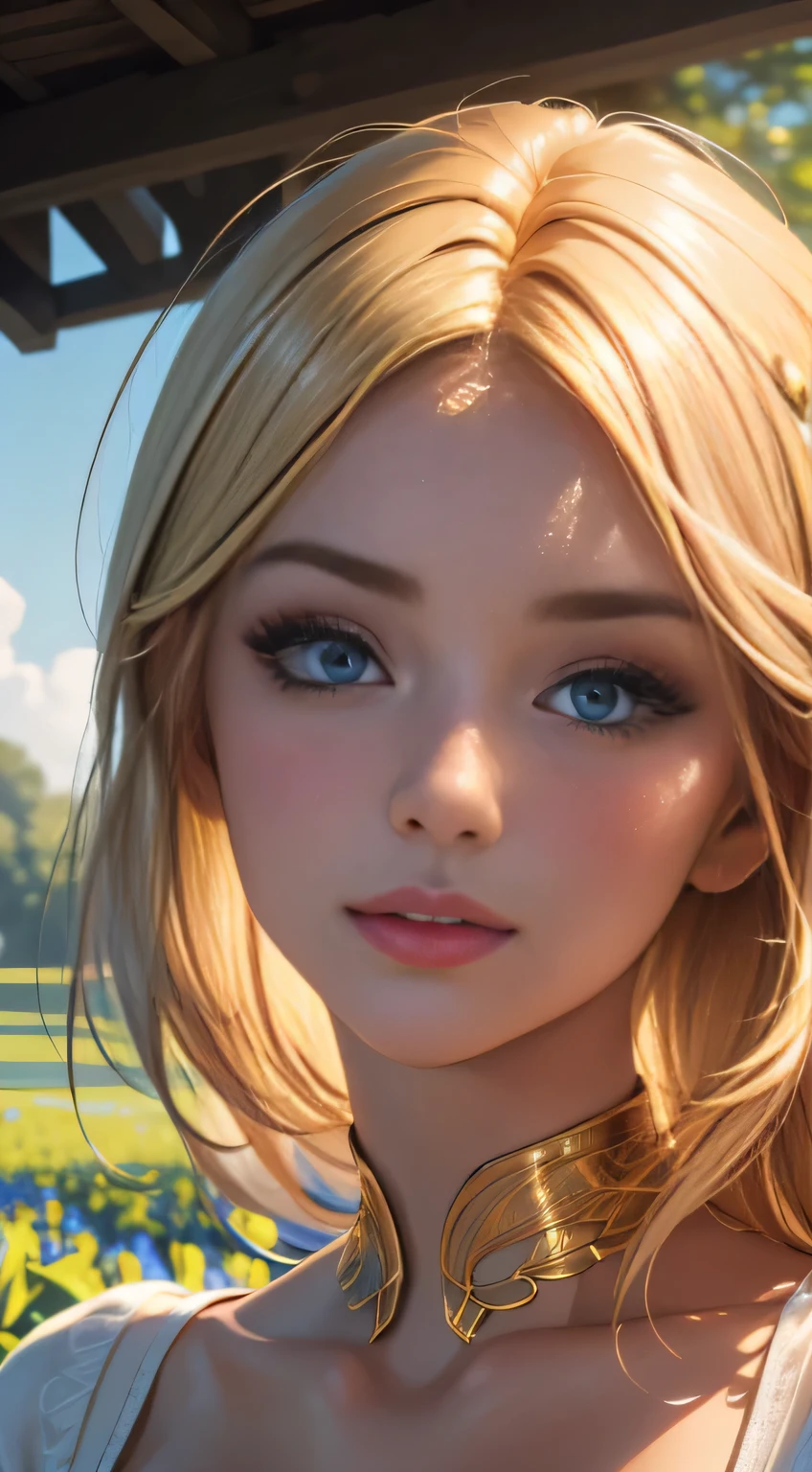 (masterpiece of art, best quality illustration, ultra-detailed drawing, highresolution image, absurdist realism, best illumination, finely detailed shading, blooming flowers, lighting gracefully illuminating the face, optimal lighting conditions, finely detailed beautiful eyes with long lashes and shining hazel irises, lustrous golden hair cascading down, perfect contours and features on a flawless face, radiantly healthy and glowing skin),

A woman, standing elegantly outdoors, is captured in the depths of field, bathed in the soft, warm daylight of daytime. The scene is set at a dutch angle, enhancing the unique perspective.