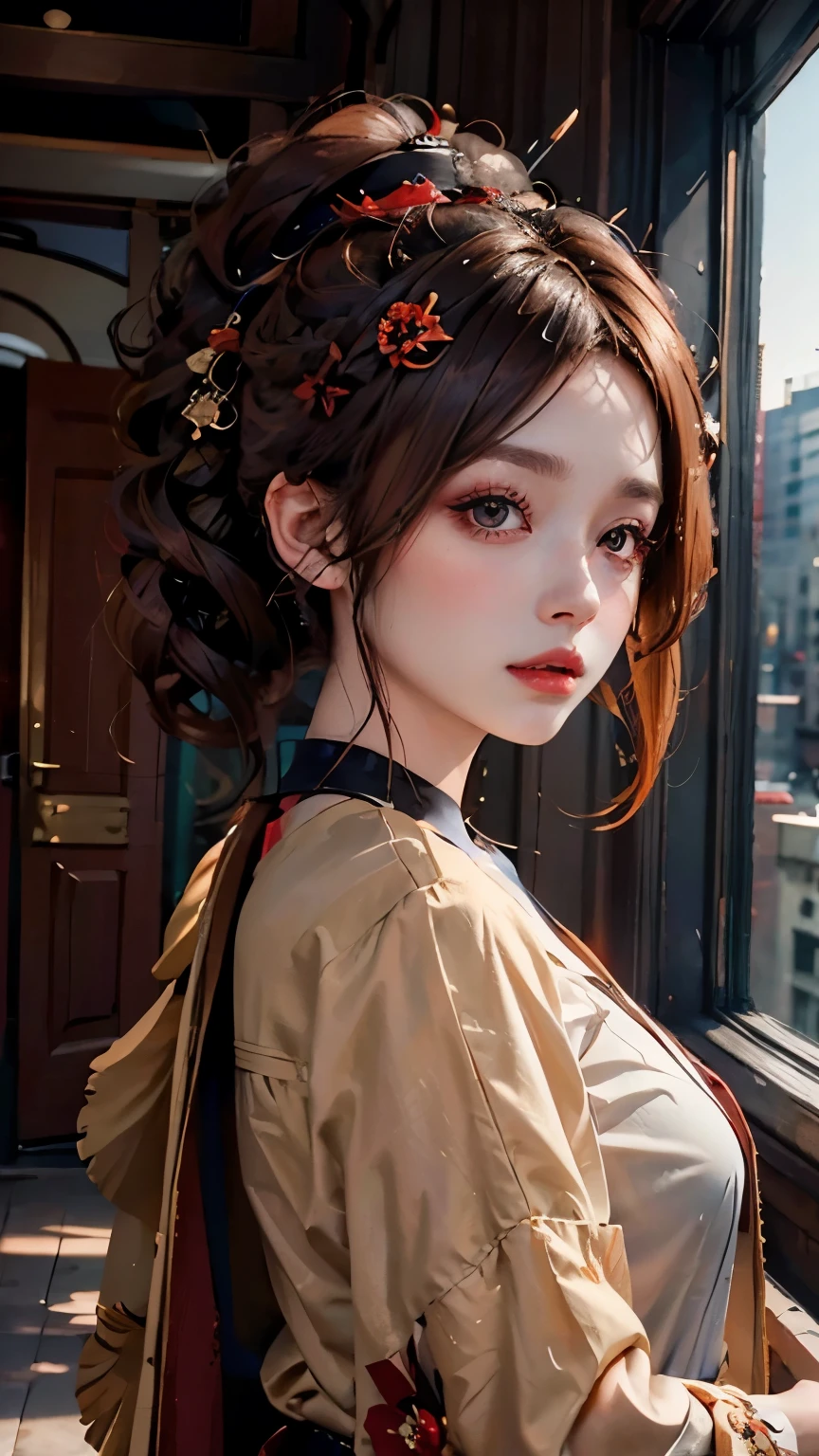 masterpiece,best quality,8K,full moon,Fill the screen。,1 girl,Reddish-brown hair,curls,ponytail,Nice bun,Perfect hairstyle,red headdress,Delicate and detailed eyes,sparkling eyes,huge ,Very beautiful and sharp red eyes