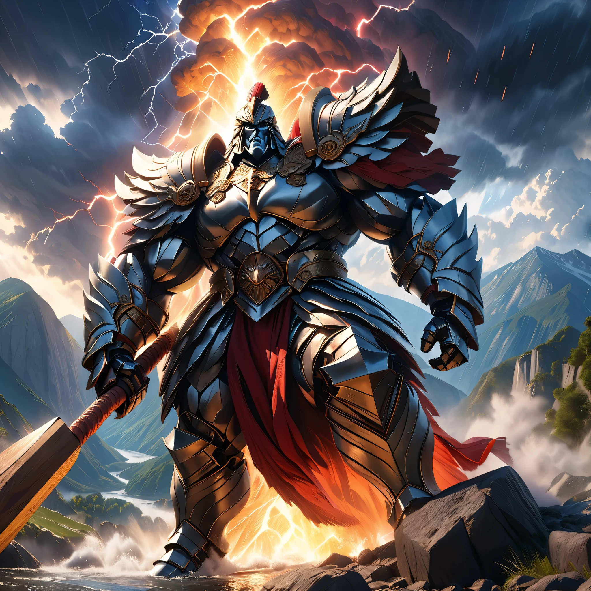 A giant noble titan, ancient myth, enormous figure, majestic strength, wielding a massive hammer, feet stepping on mountains and rivers, surrounded by awe-inspiring thunder and lightning, imposing and mysterious,best quality,4k,8k,highres,masterpiece:1.2,ultra-detailed,(realistic,photorealistic,photo-realistic:1.37),HDR,UHD,studio lighting,ultra-fine painting,sharp focus,physically-based rendering,extreme detail description,professional,vivid colors,bokeh,portrait,monochrome,high contrast colors, dramatic lighting