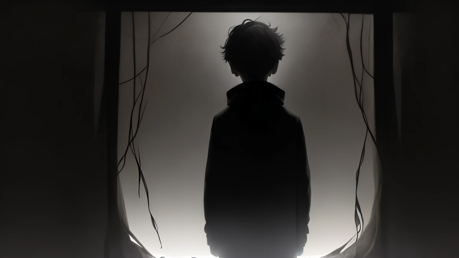 In the heart of the shadows, a solitary figure of a boy emerges. His flesh is obscured by the engulfing darkness, leaving only the faint outlines of his slender frame. A sense of melancholy hangs over him, as if he's lost in deep thought. His eyes, the only visible feature, shine with an otherworldly glow, reflecting the dim light. The darkness around him seems to instill an uncanny stillness, as if even the wind has ceased to breathe. The boy's expression remains enigmatic, leaving one to ponder the secret thoughts that may be hidden behind those soulful eyes.