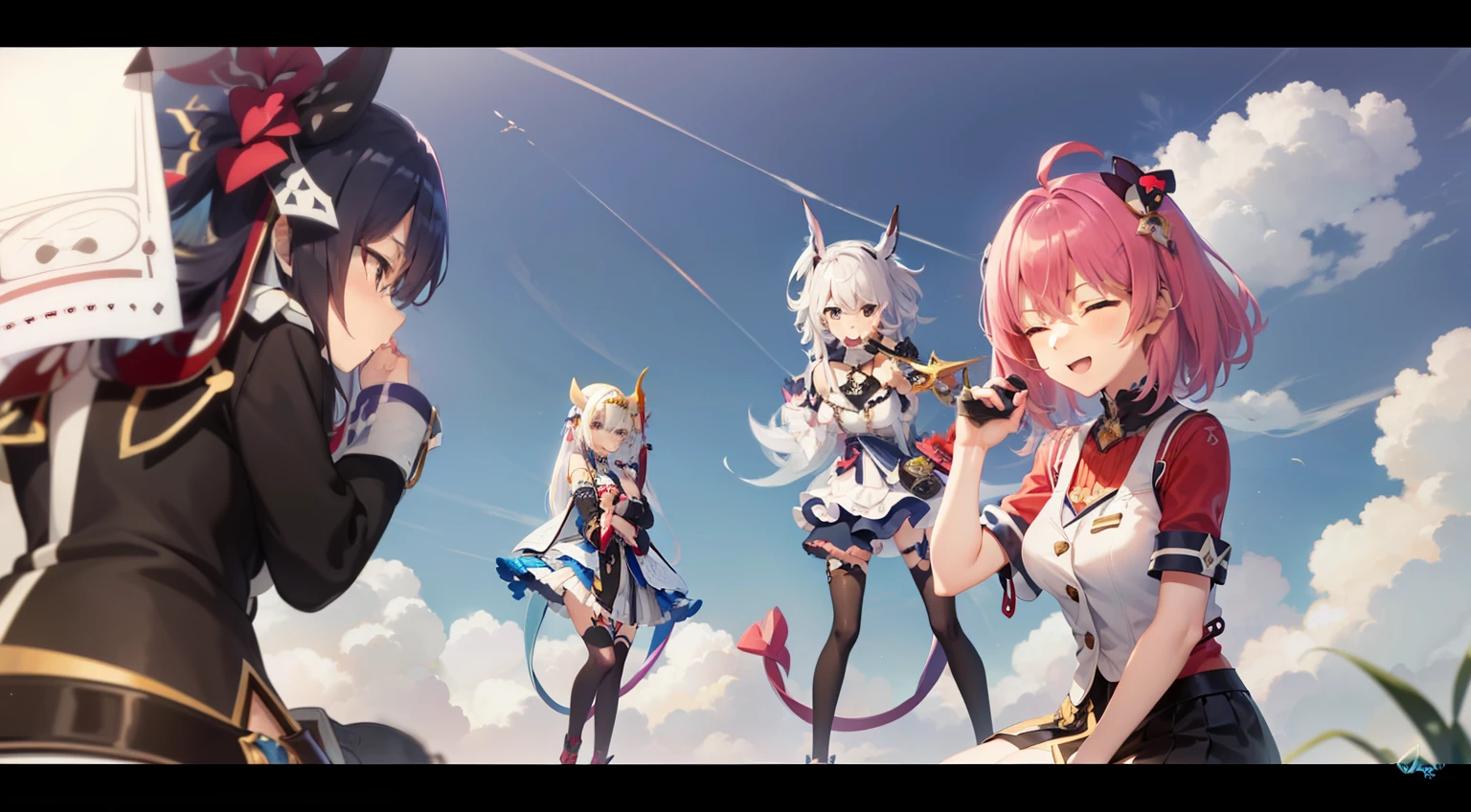 Anime characters lined up against the background of the sky., From the video game Azur Lane, Macross Delta, Azur Lane characters, Cool anime, Azure Lane Style, Anime Magical Girl Maho Shojo, Today&#39;s featured anime is still there., video game genshin impact, genshin, Visual Novel CG, Anime in fantasy style, official artwork