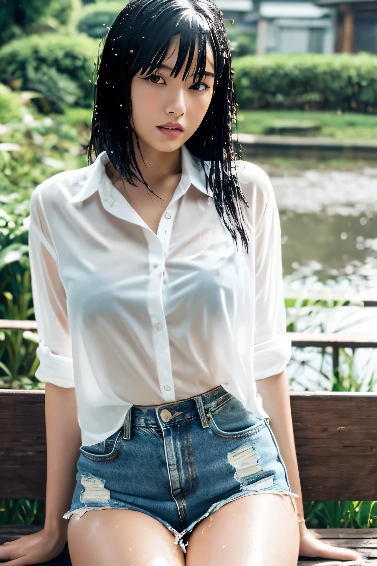 ((cool beauty)),(Wet day),Japanese countryside town,wet hair,wet skin,see-through white shirt,distressed denim mini skirt,black hair,Seduce,transparent chest,well-proportioned body,sitting on a wooden bench,open your legs,