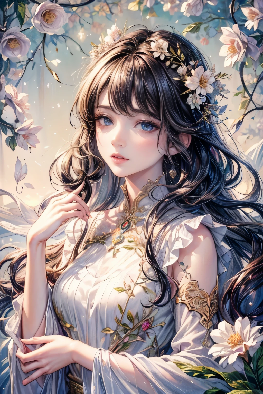 (best quality,8k,CG),upper body details,lone girl,floral forest background,intricate facial features,elegant long curly hair,almond-shaped large eyes,detailed eye makeup,long eyelashes,shimmering stars,delicate lip details,soft and harmonious style.