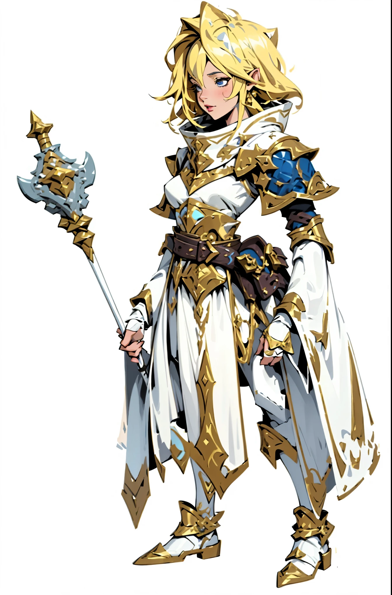 Cartoon image of a woman wearing white and gold clothing holding a stick, female Priest, pretty female Priest, Priest, dressed like a Priest, female mage, female mage!, Epic Mage Girl Character, female earth mage, Witch, portrait of a female mage, Paladin, heavy white and gold armor, picture of Paladin, final fantasy tactical characters