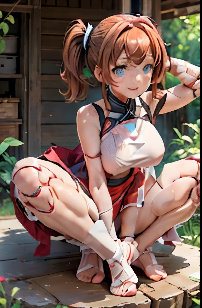 A Female robot is sleeping in forest, spread legs, nude, banzai pose. she wears no dress. She Brown short hair is tied with two big red clothespins, She lifts up the under hem of her white plain dress, leaning over, masterpiece, very short pigtails,brown hair, mature, android, blue eyes, full body figure, Height: 160cm, flushed cheeks, 2020s anime picture, A beautiful robot with short brown hair in two short pigtails held up by two very large huge red clothespins, Uplifting, No NSFW, whole body, barefoot, archaic smile, getting orgasm, 25 years old, sweat bucket, in Obstetrics.