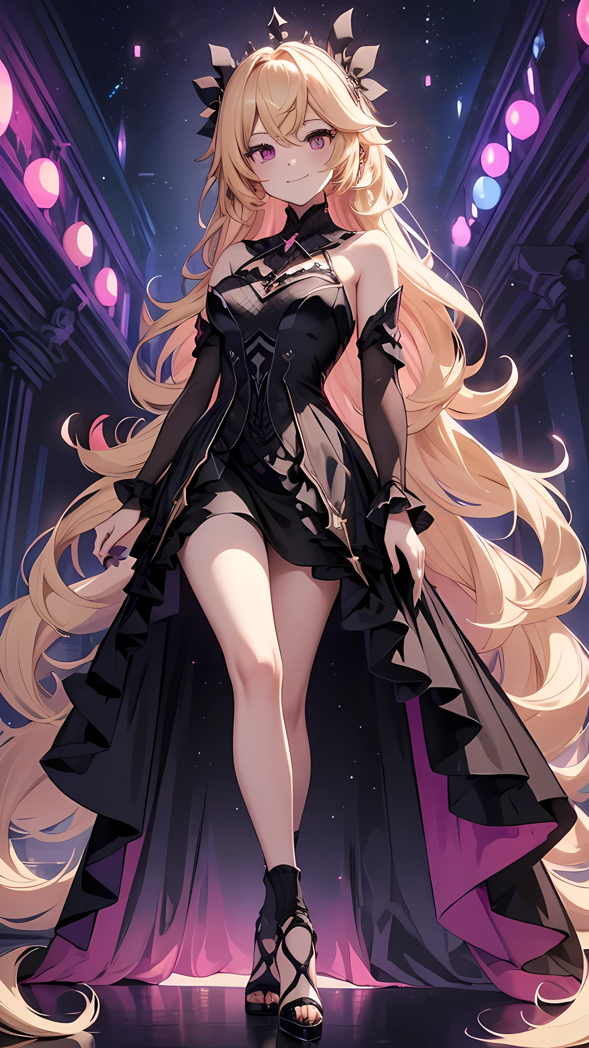 best quality，tmasterpiece，Final resolution，Downy，extremely Coloring，Colouring，lady，a mature female，Black dress long dress，Beautiful black dress，Huge ceiling，（Blonde hair, wavy hair），Black Lence socks，Stiletto Sandals， Pink starry sky，Normal posture，Normal posture,smiles