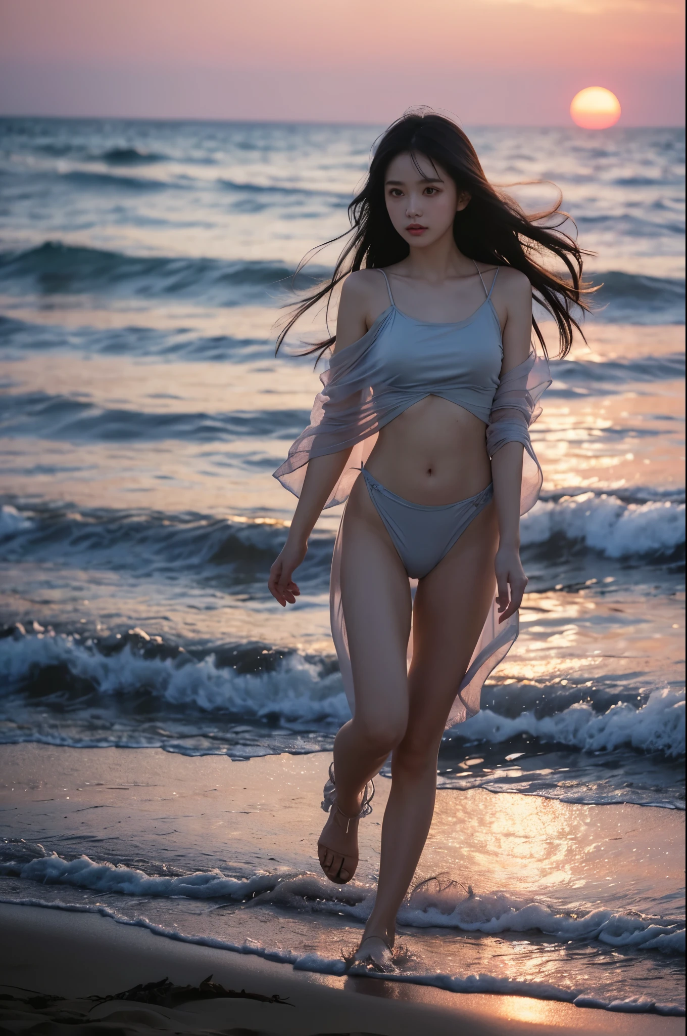 low light dark pastel tones, The is very detailed,(Clear face)，(Beautiful eyes)，Look at the audience，great quality, reflecting,(Girl running on the beach, Long black hair flying, gauze pajamaeautiful sunset on the beach, Dark 80s dystopia《bladerunner》styled, dynamic scene, hyper HD, tmasterpiece,