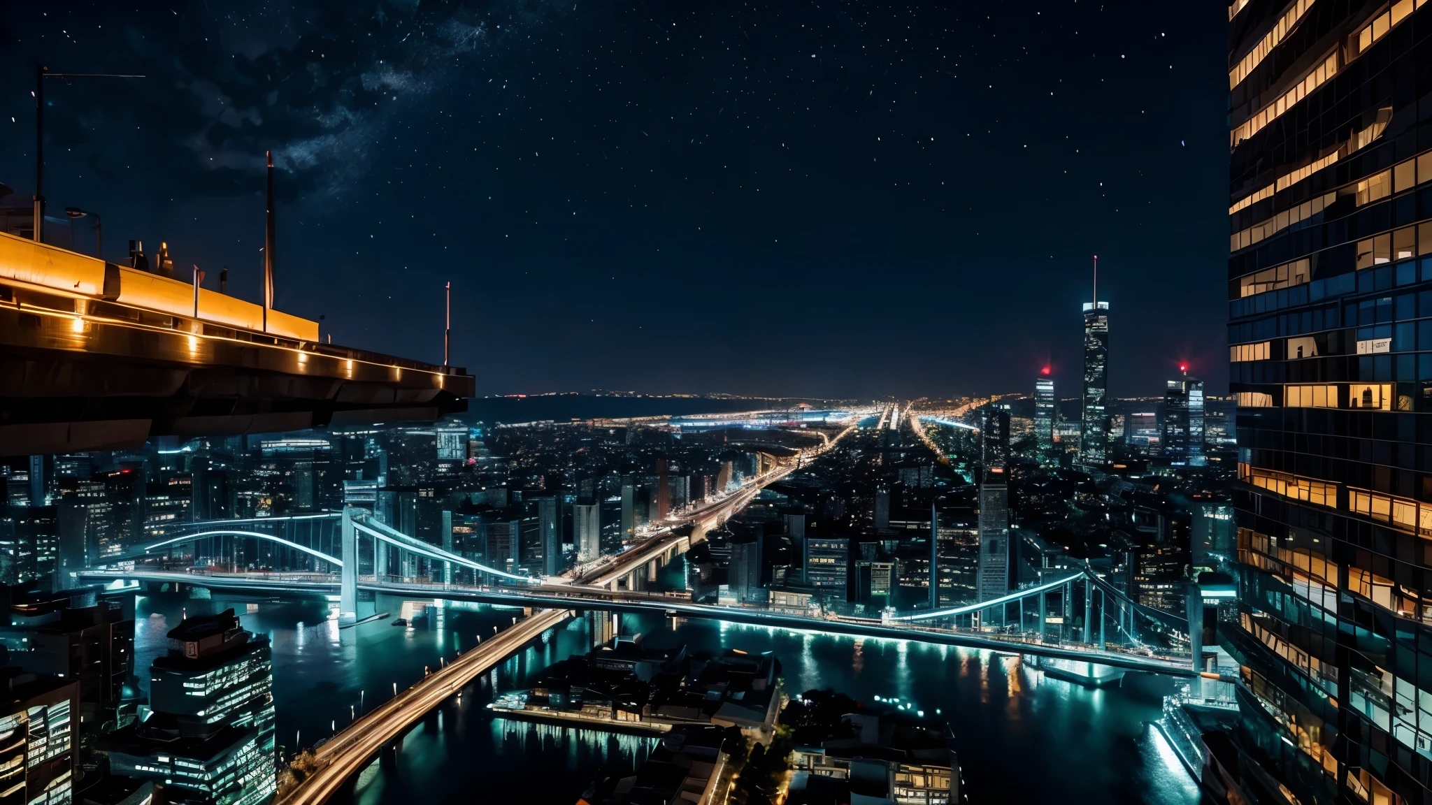 Ciudad futurista nocturna noche estrellada 
