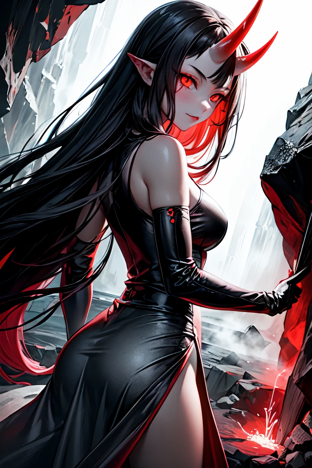 (1 girl, oni horn, long hair, glowing red eyes, dress, sexy), (gray, gray theme, inside the cave, backlight, fog), front side, looking at you